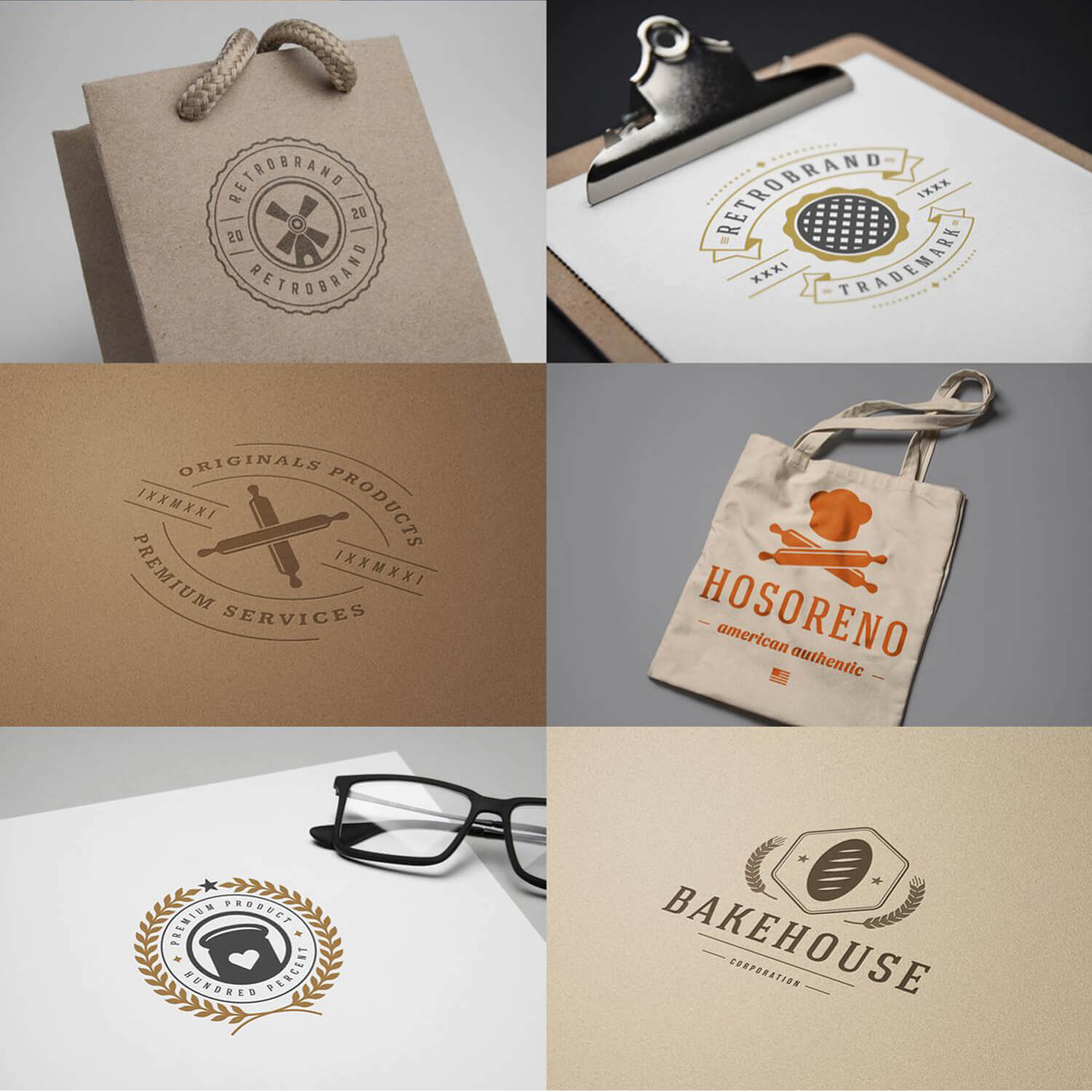 Six photos of vintage logos with bakery emblems on a cardboard bag, a white sheet, a rag bag.