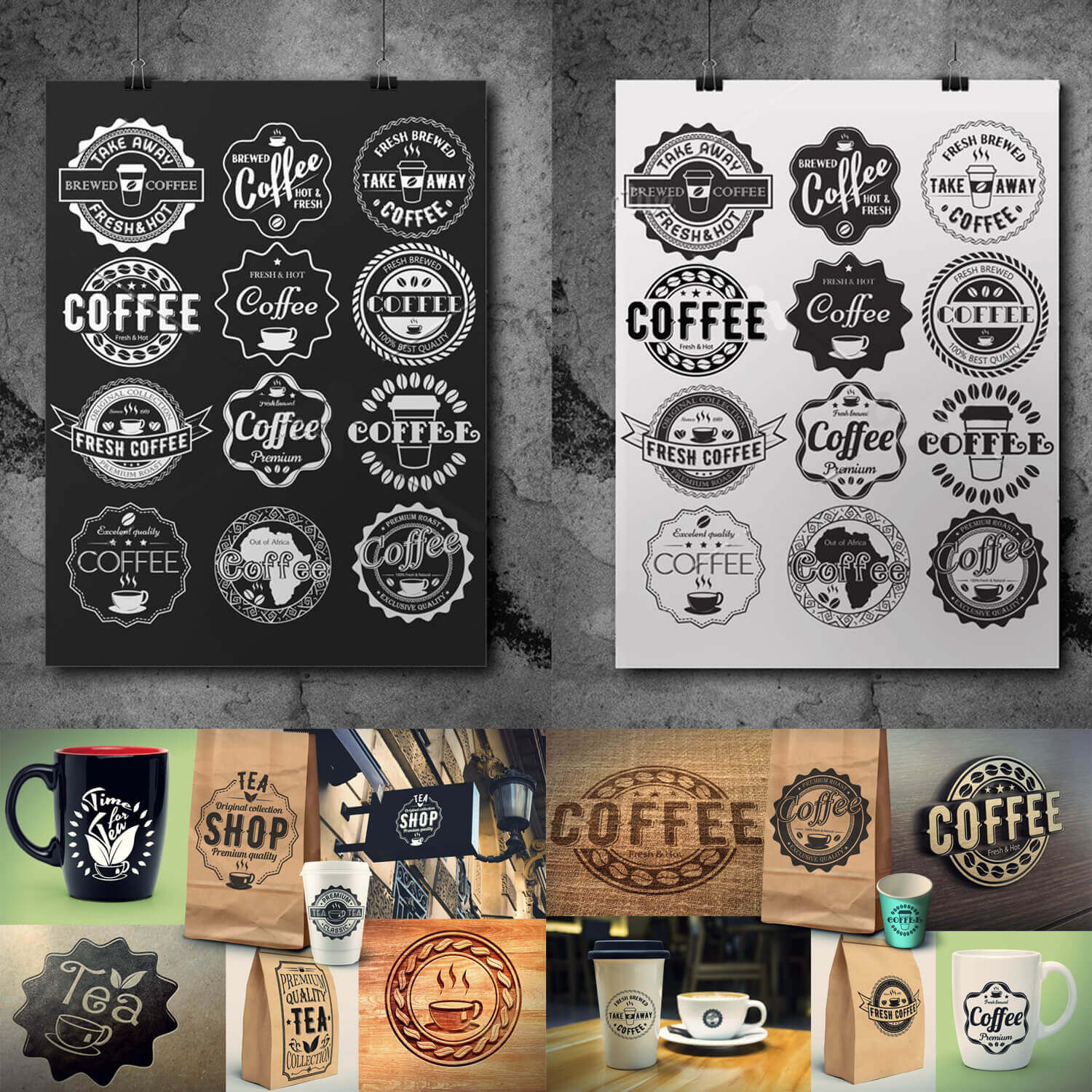 Sets of 12 bakery logos on black and white canvases.