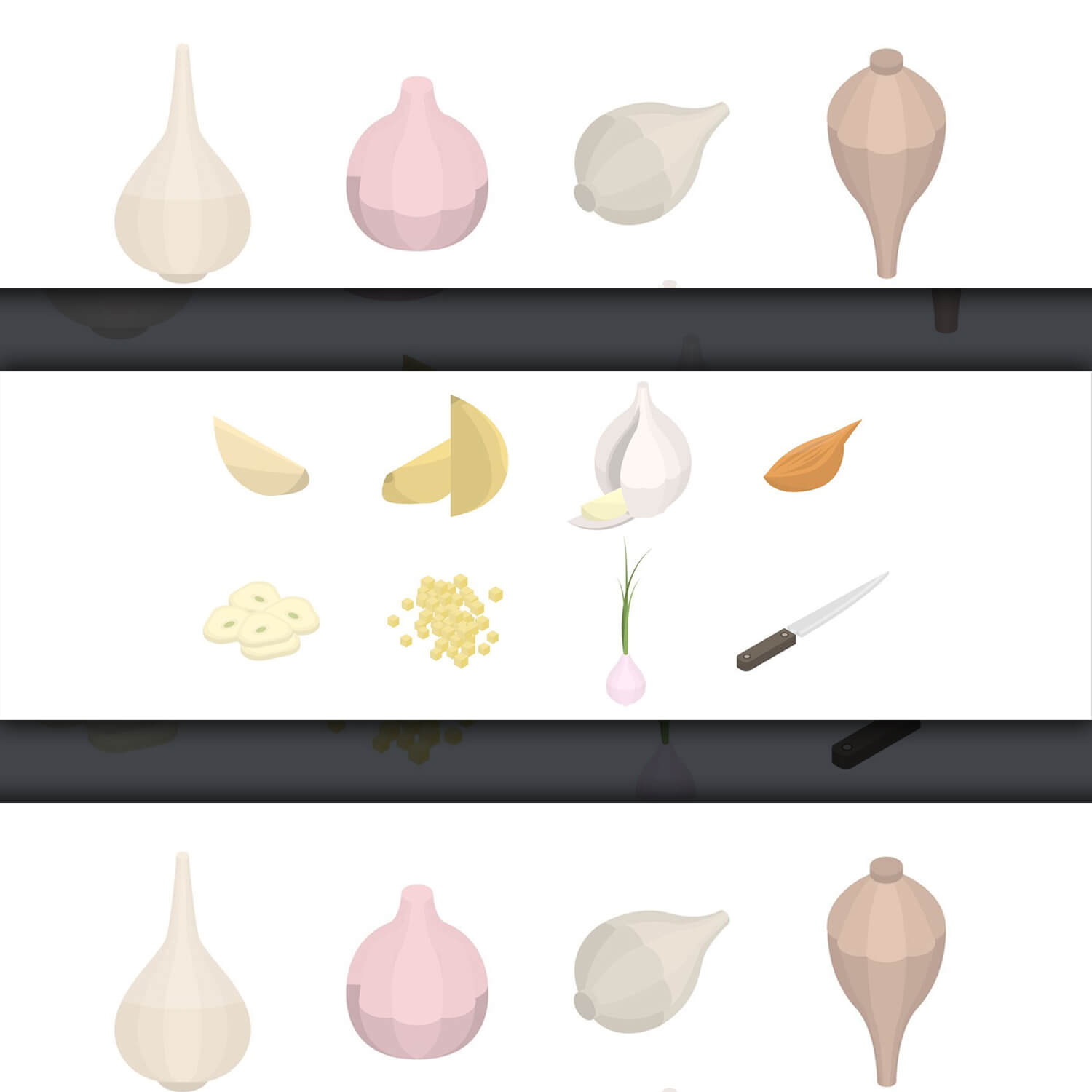 Isometric drawings of knife, onion and garlic.