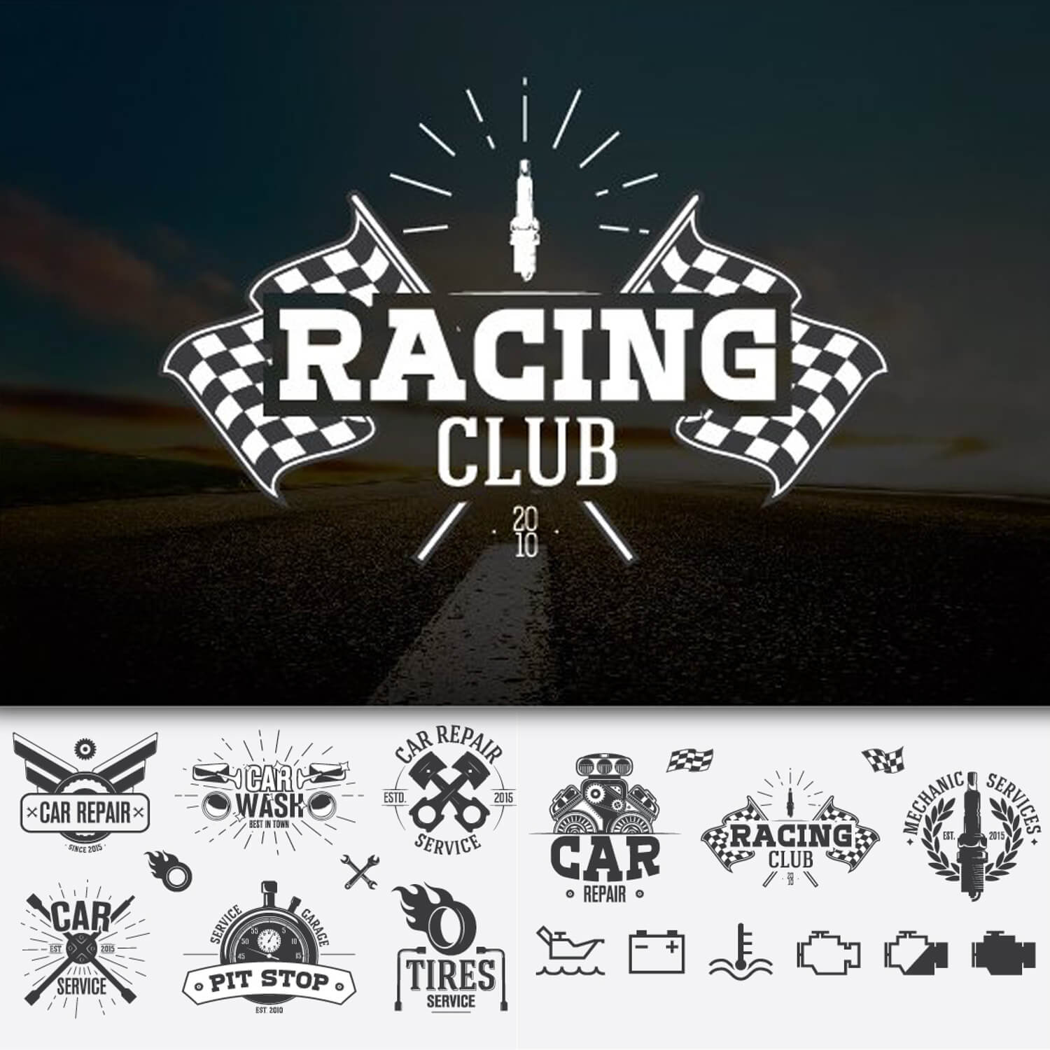 Large "Racing Club" logo and 15 small car service labels and logos on white background.