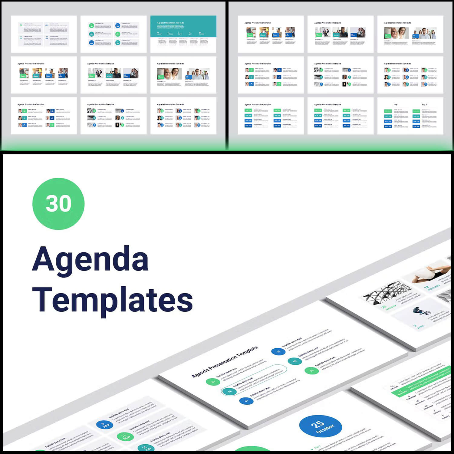Many slides of Agenda template on the white backgrounds.