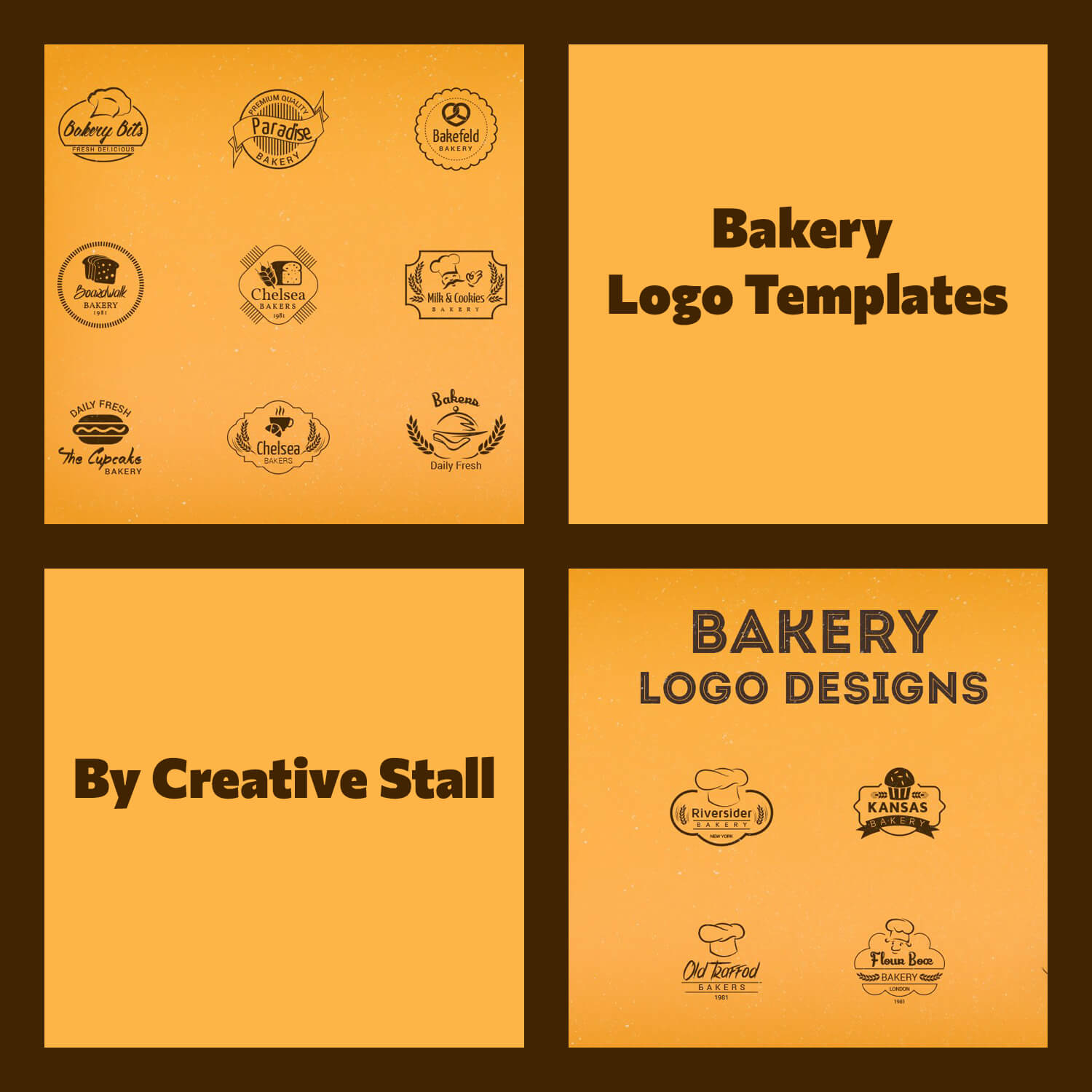 Four yellow squares with bakery logos on a brown background.
