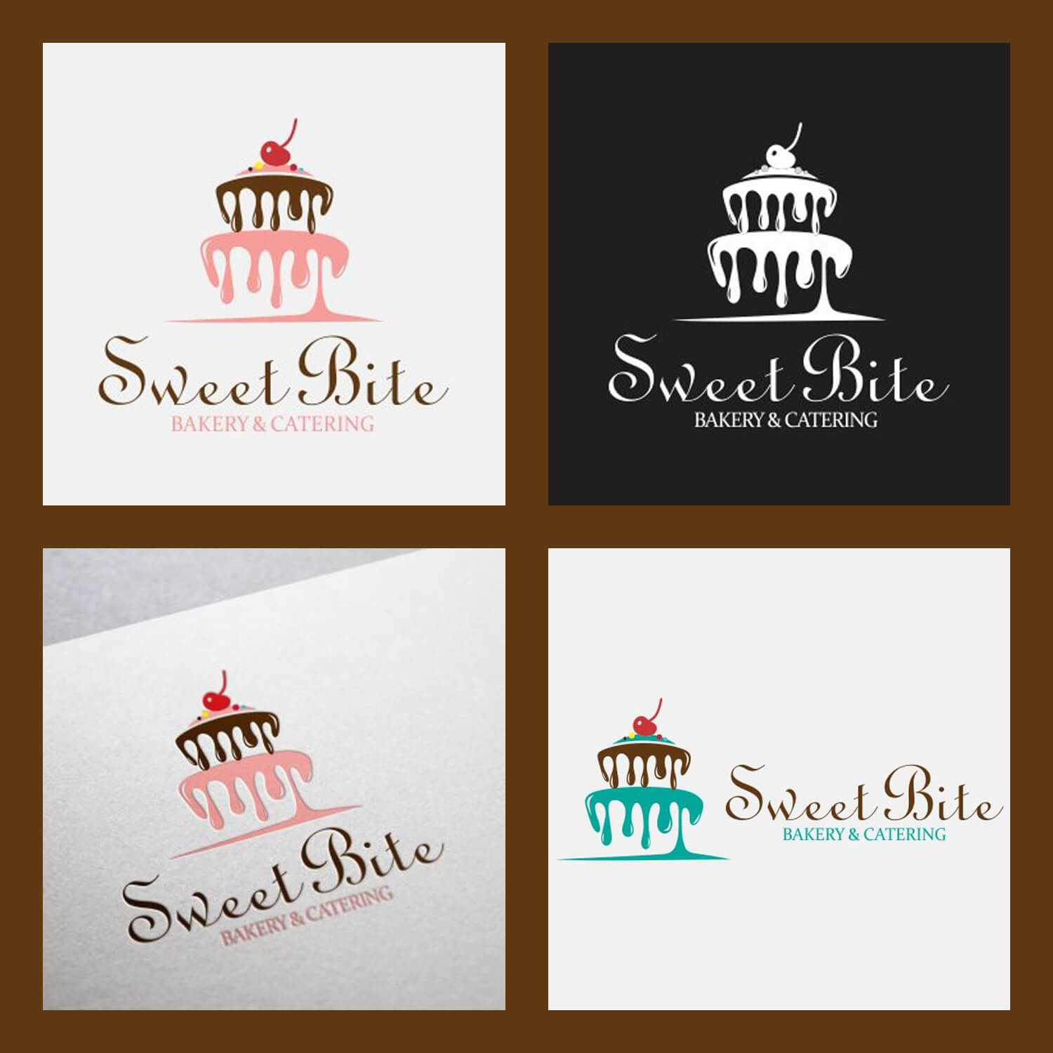 Light and black "Sweet Bite" logos in square brown frames.