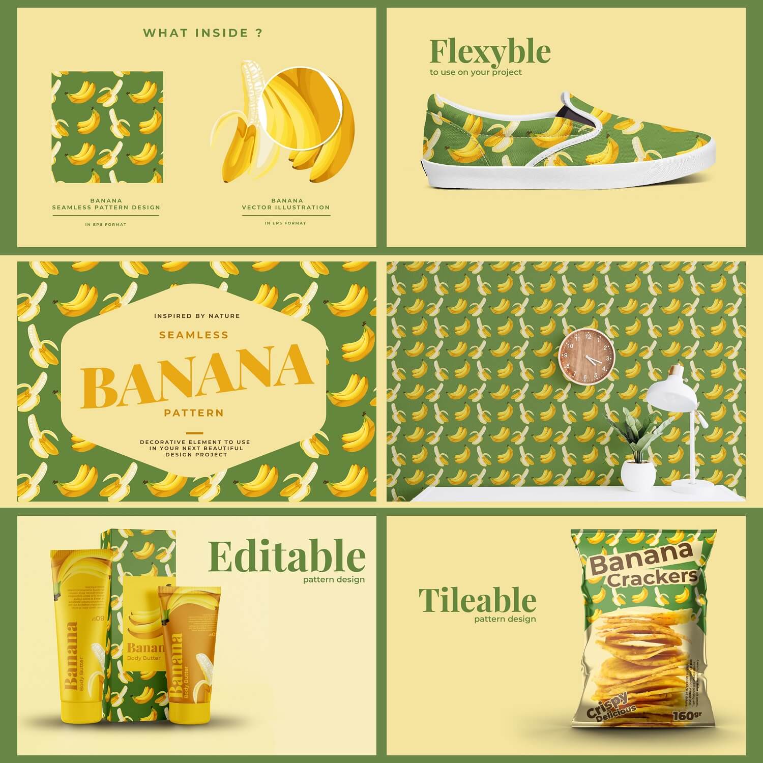 Inscription "Flexyble", "Editable", "Tileable" on the slides of seamless Banana pattern.