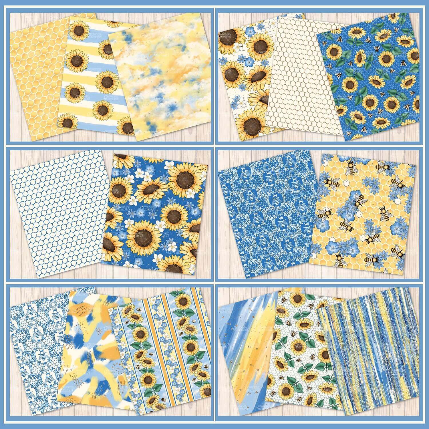 Samples of prints with honeycombs, sunflowers and bees.