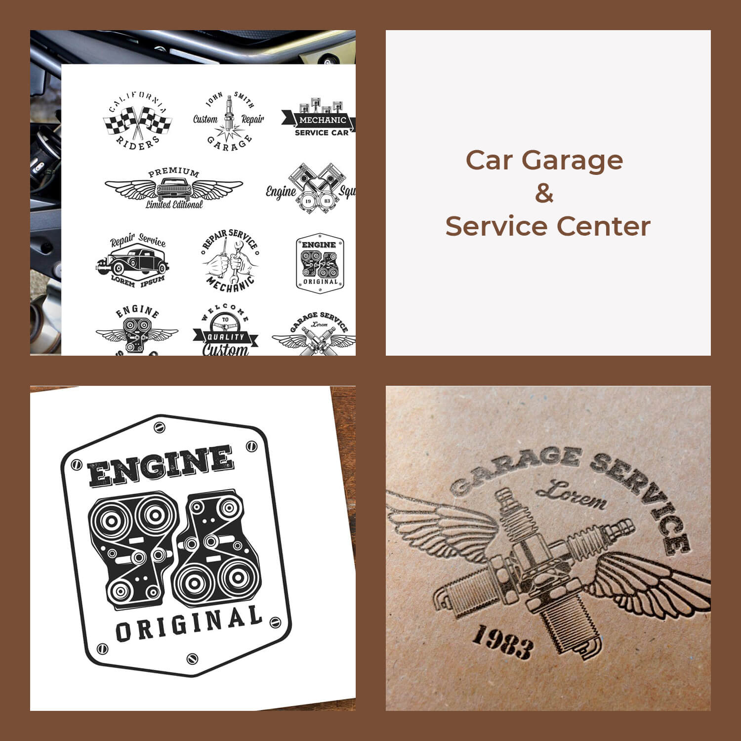 Four pictures of the service center theme in squares on a brown background.