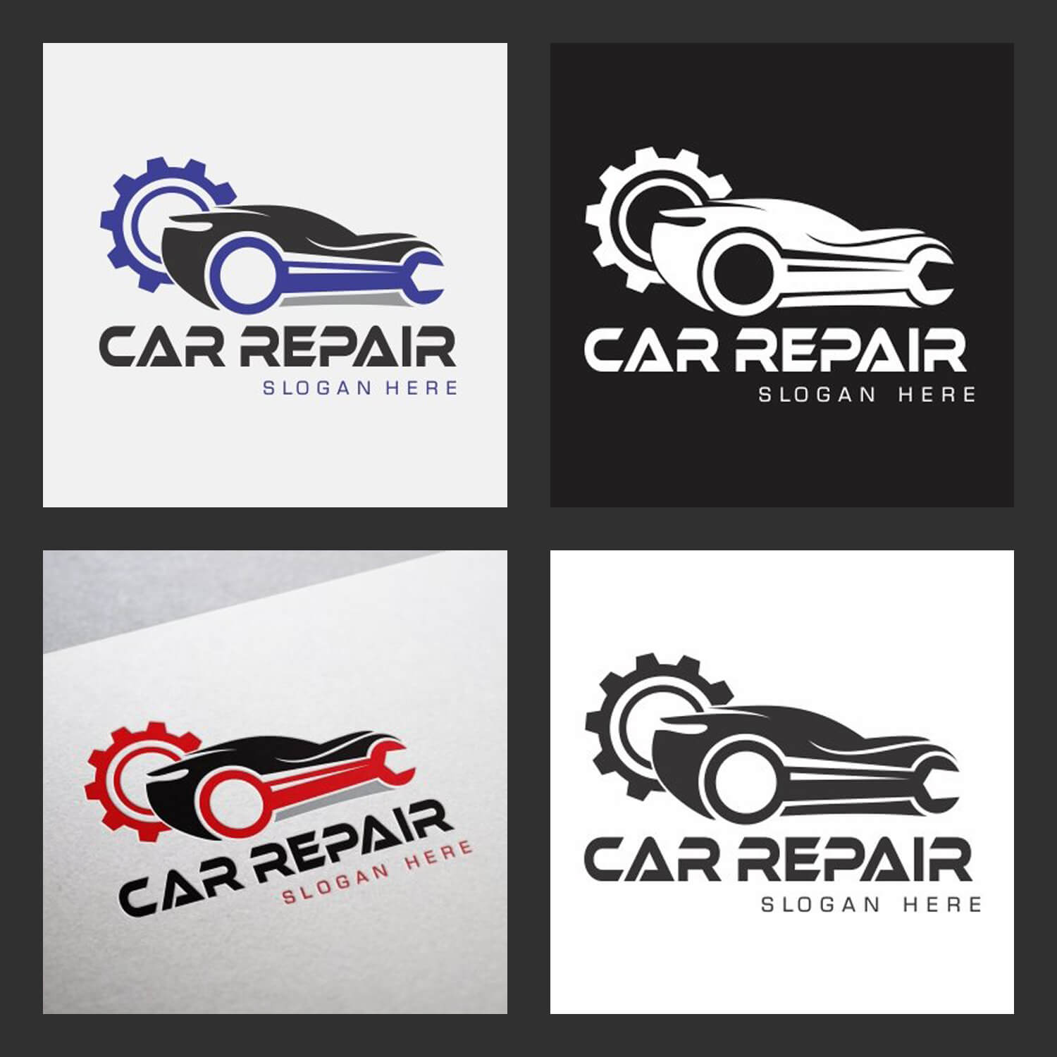 Car service station logo on white, black and gray backgrounds in square patterns.
