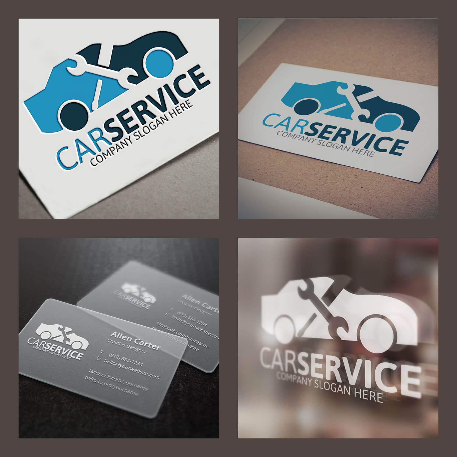 Four square images in one with blue and white car service logos on a brown background.