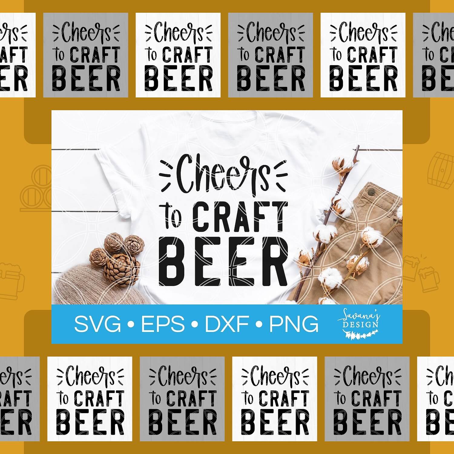 Inscription "Cheers to craft beer" on the white and grey backgrounds.