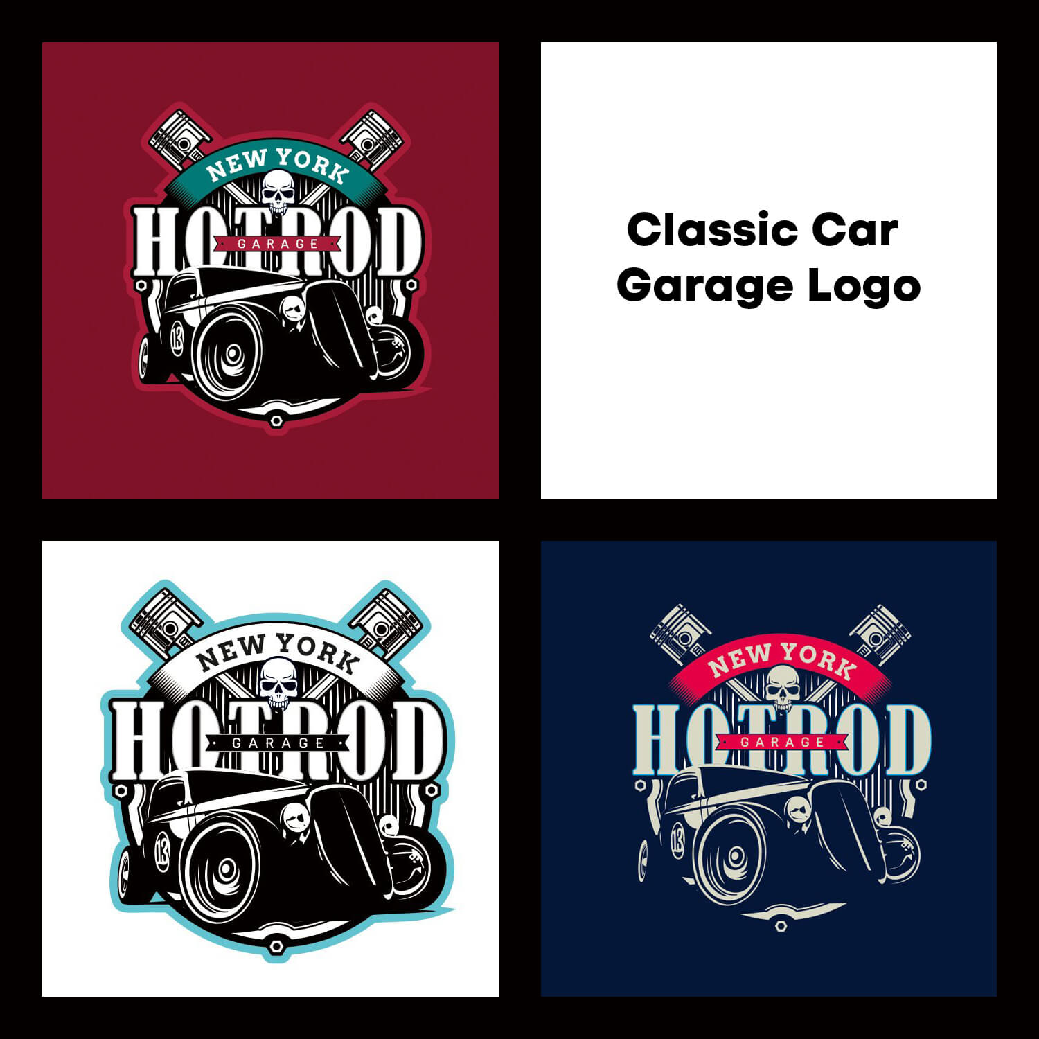 Car garage logos with pistons and skull on red, white and blue backgrounds.