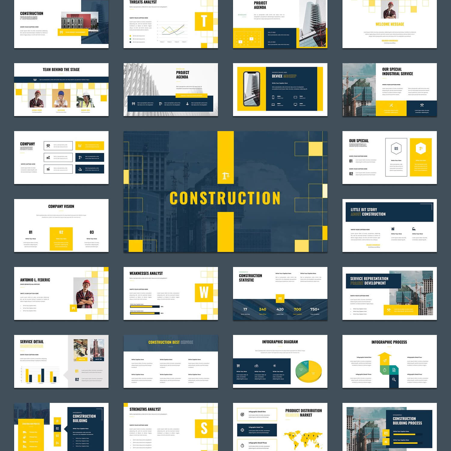 Lots of construction powerpoint templates in blue-white-yellow colors on a gray background.