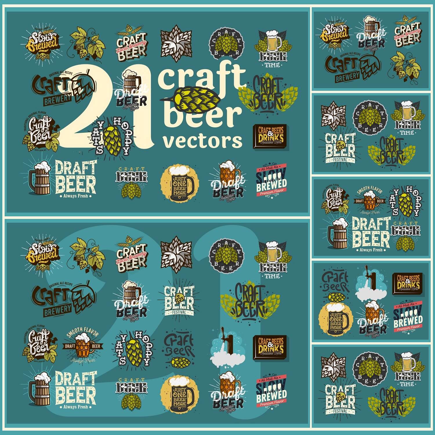 21 craft beer vectors on the green background.