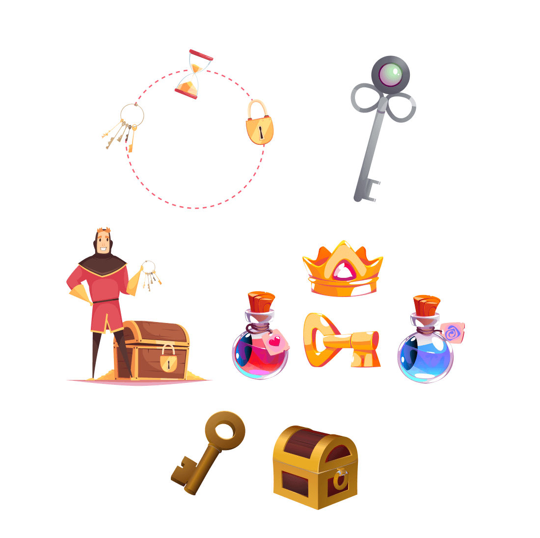 Drawing with a bunch of Disney keys, the character of the prince with the keys at the chest, vessels with a pink and blue vessel, a golden key.