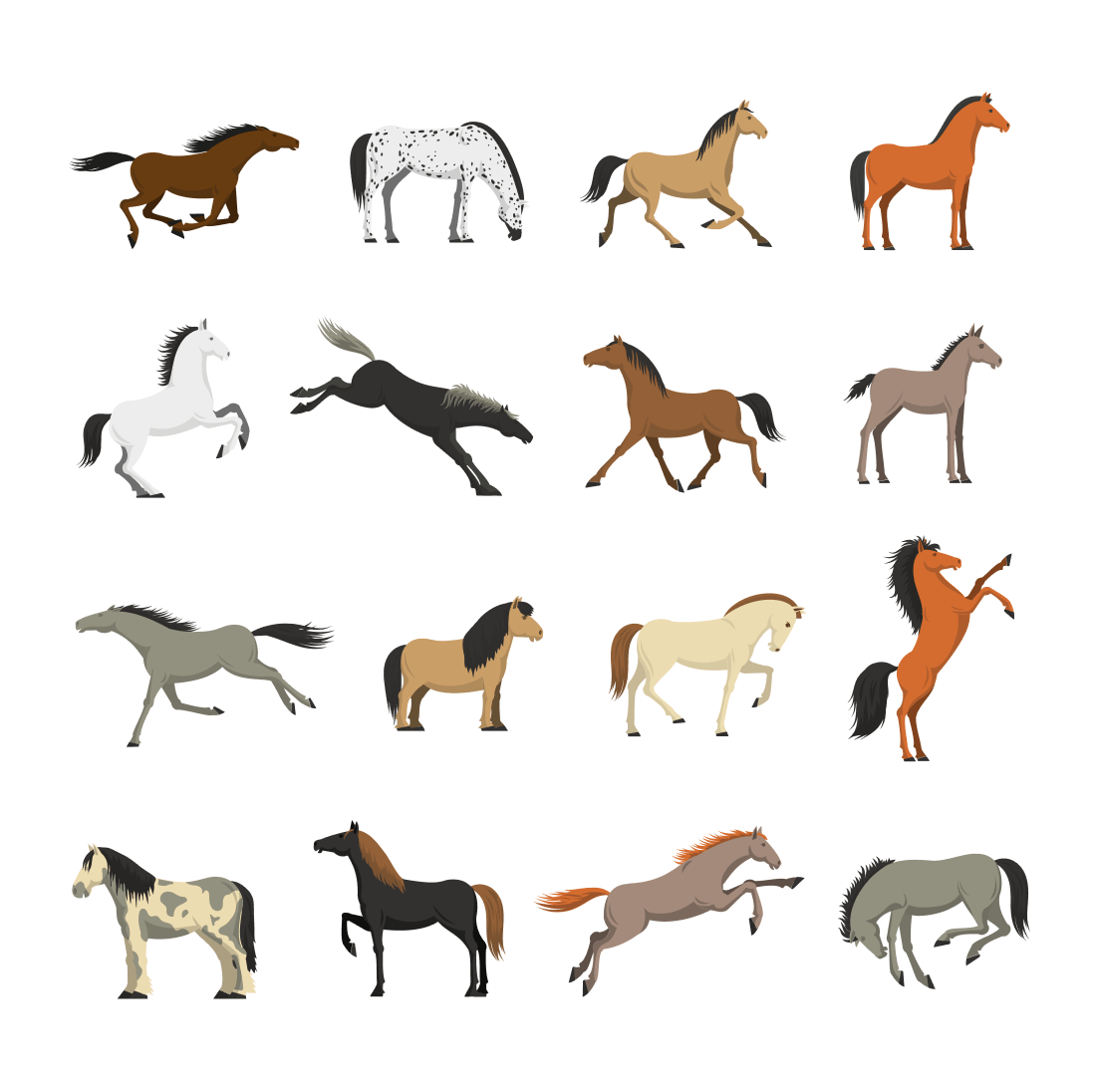 Sixteen multi-colored horses in different positions on a white background.