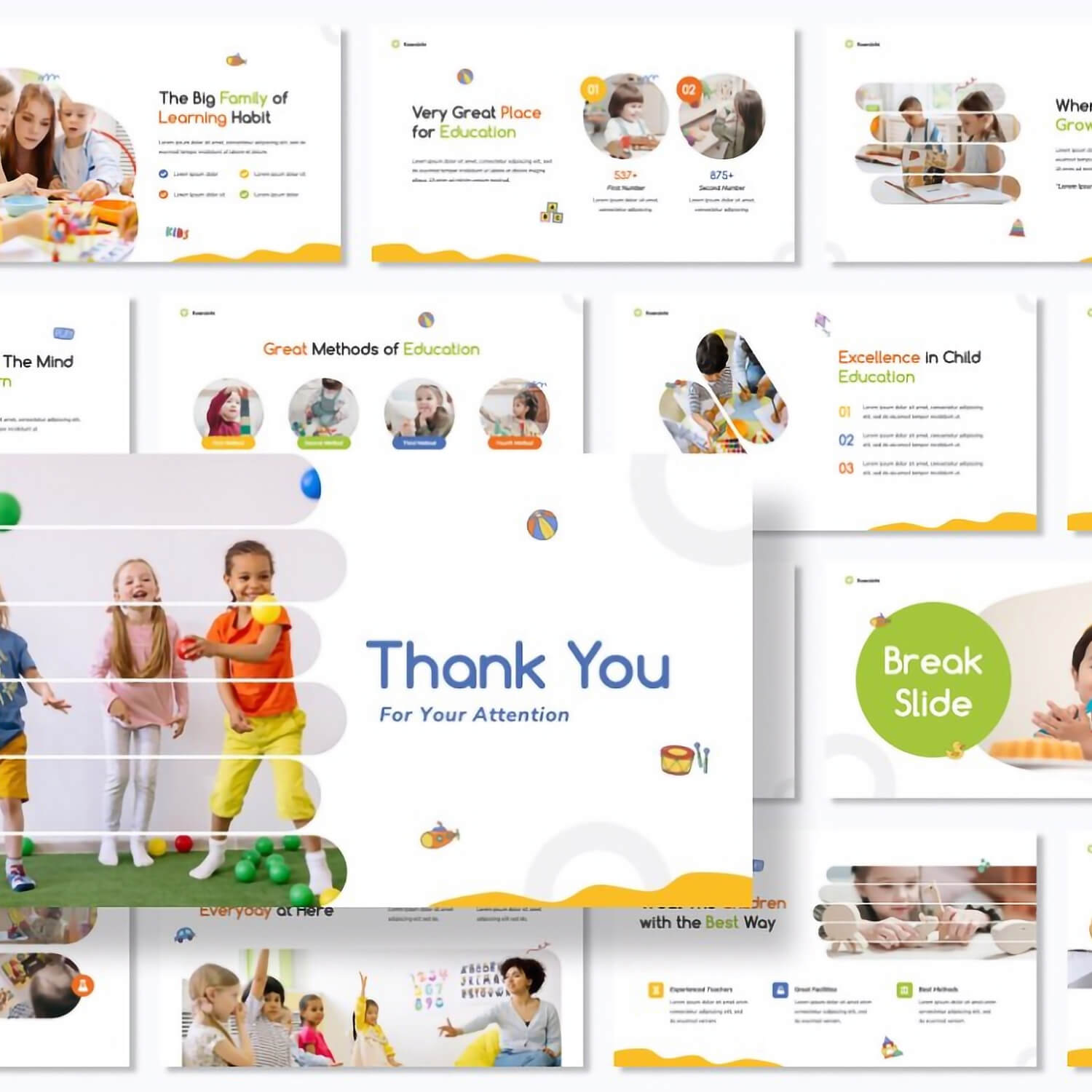 Kindergarten Powerpoint presentation with titles "The Big Family of Learning Habit", "Very Great Place for Education".