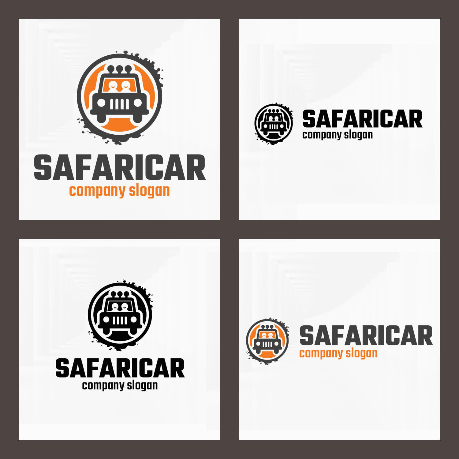 Four white Safari car logo templates on a brown background.