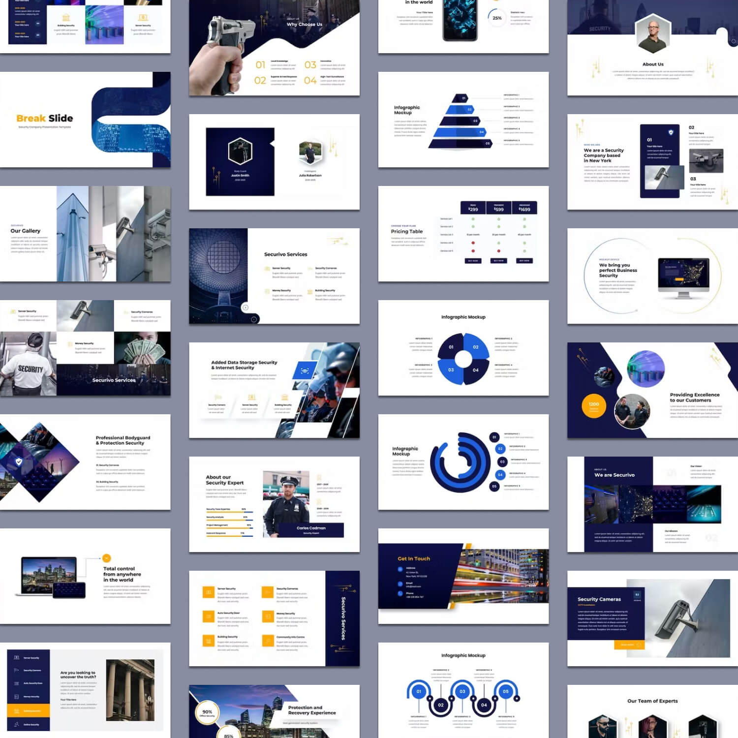 Lots of powerpoint templates for an occupational safety company on a gray background.