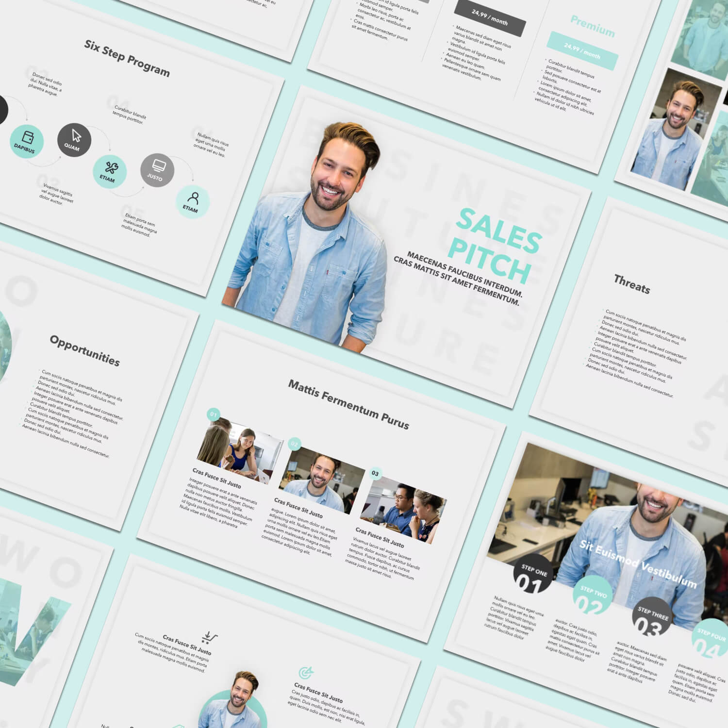Diagonal pictures of Sales Pitch PowerPoint Template.