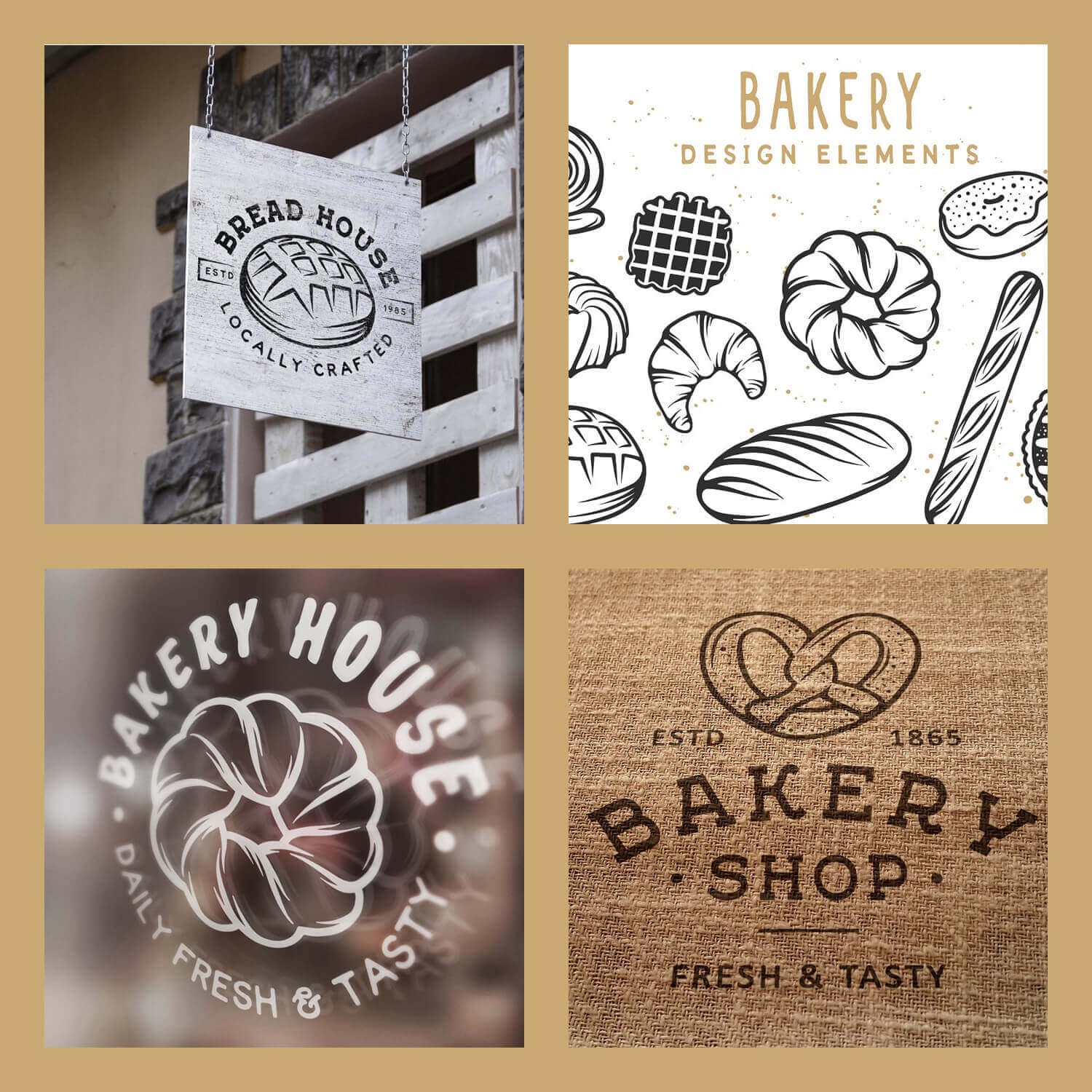 Four square bakery logos and elements on a sand background.
