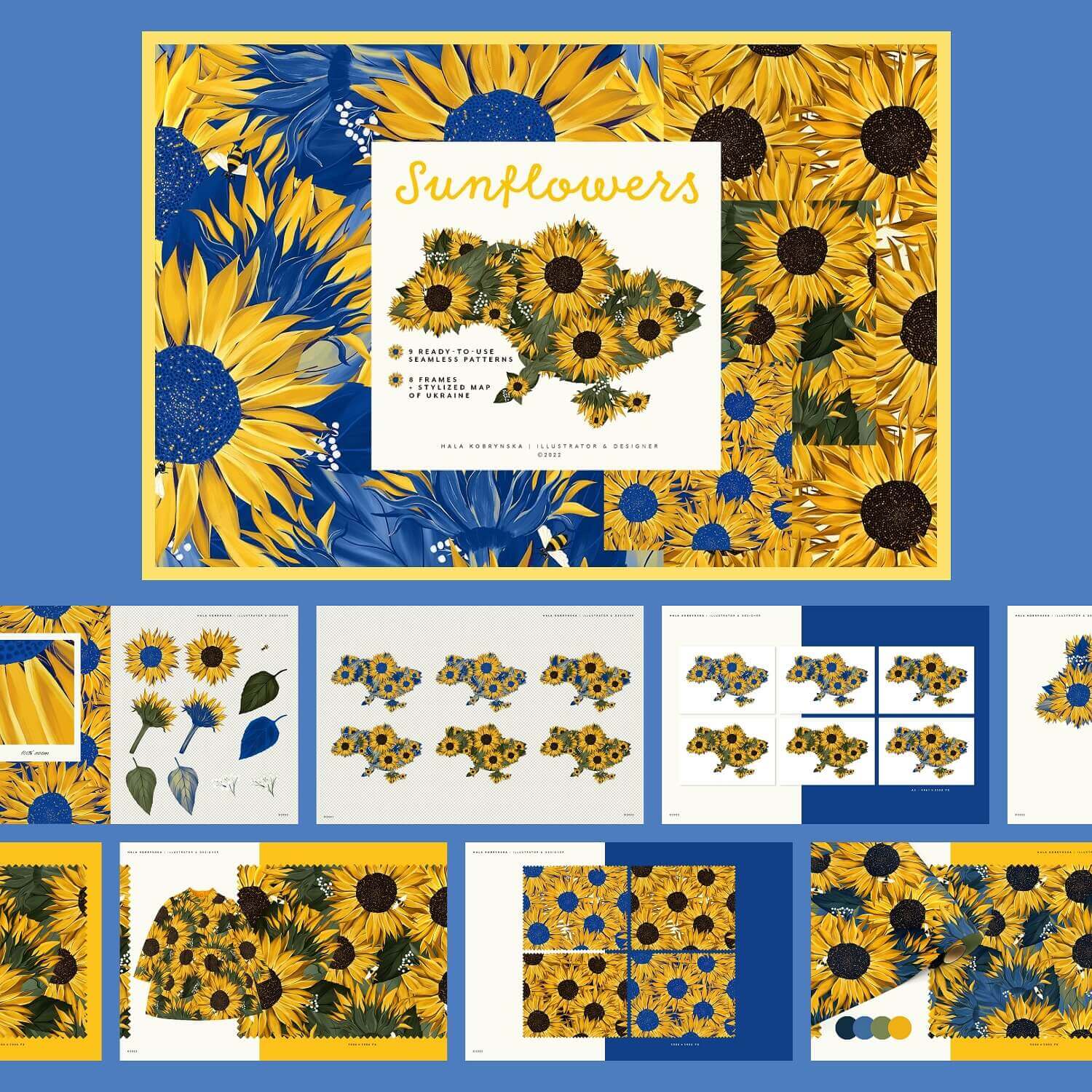 Image of a map of Ukraine with large sunflowers on a white background.