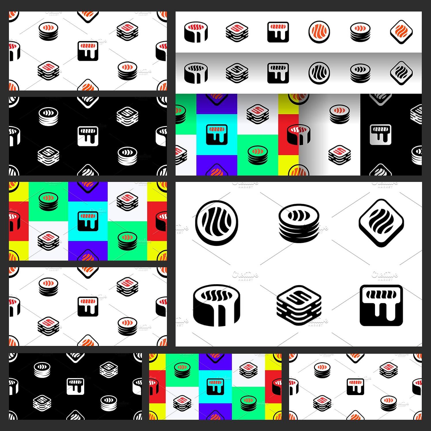 Sushi Set + Pattern on the black, white and colorful background.