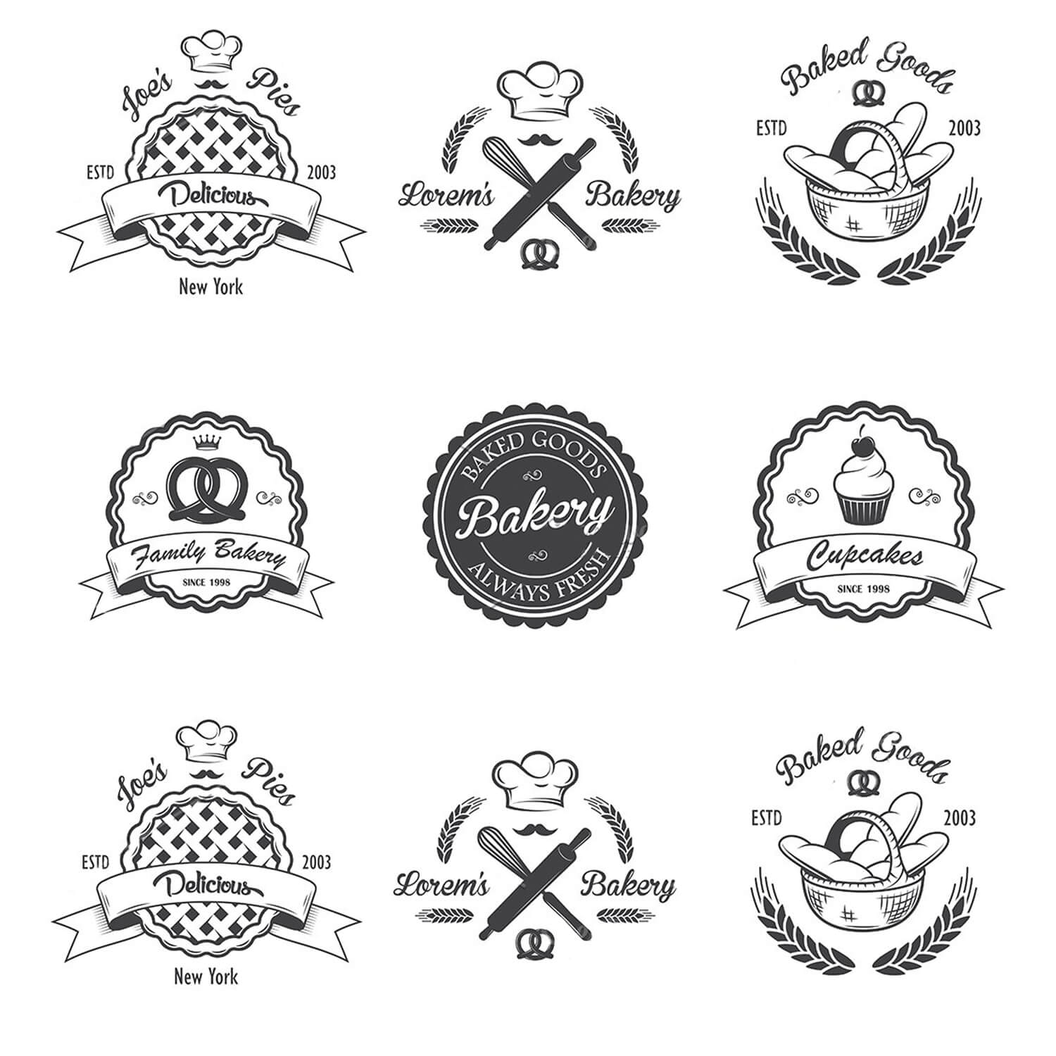 Nine black bakery vintage emblem logos isolated on white background.