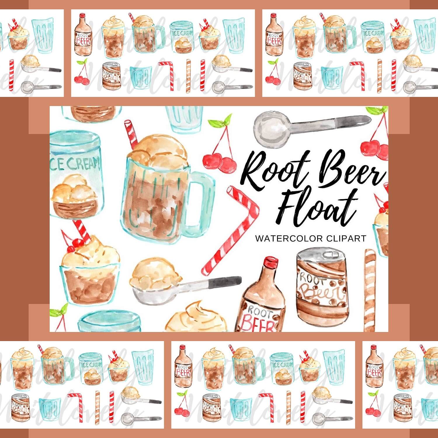 Image of cups with ice cream, colored tubes and root beer.
