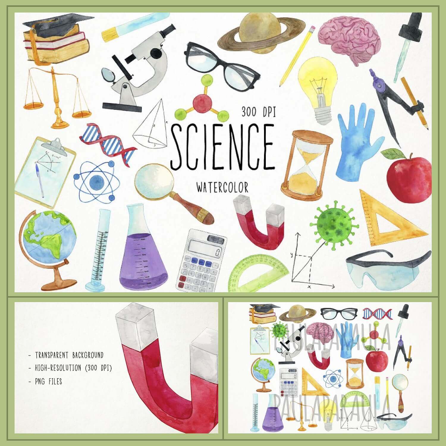 Science wattercolor clipart with transparent background.