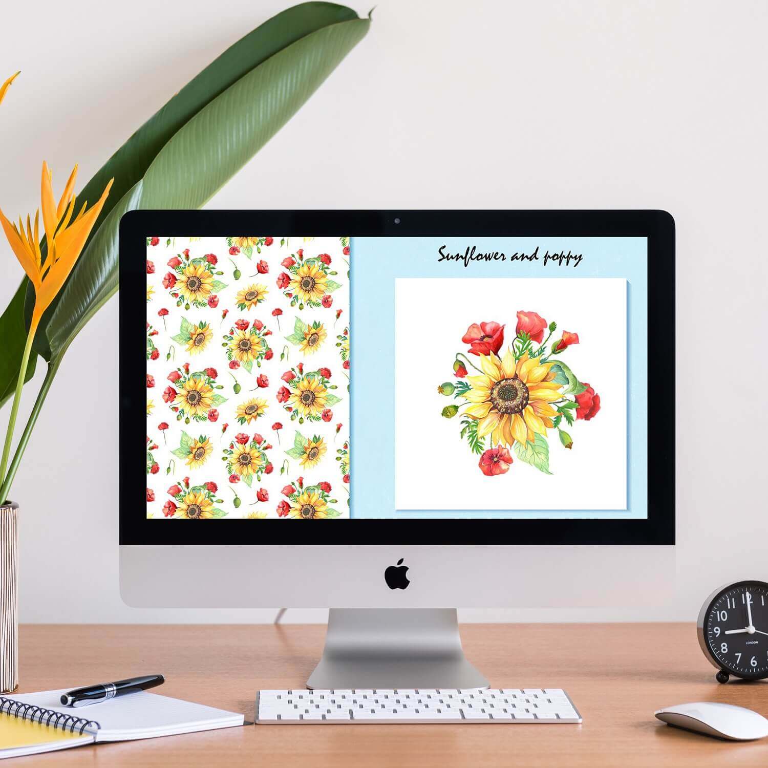 Seamless pattern with sunflowers and poppies in watercolor and a postcard with a title on a blue background.