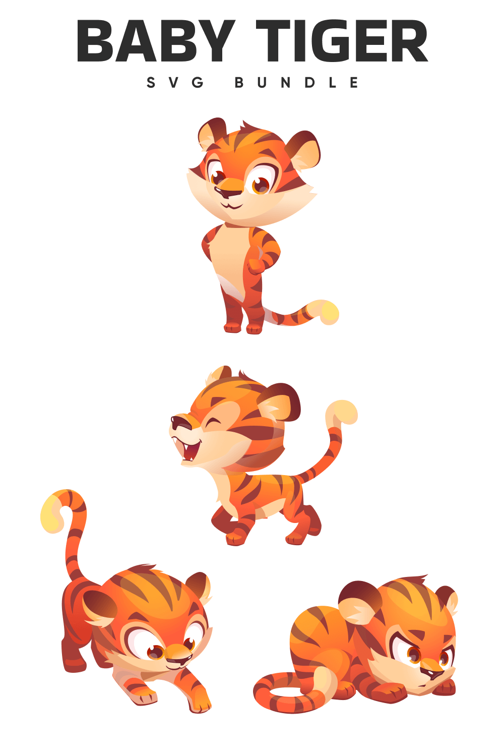 Cartoon tiger is shown in three different positions.
