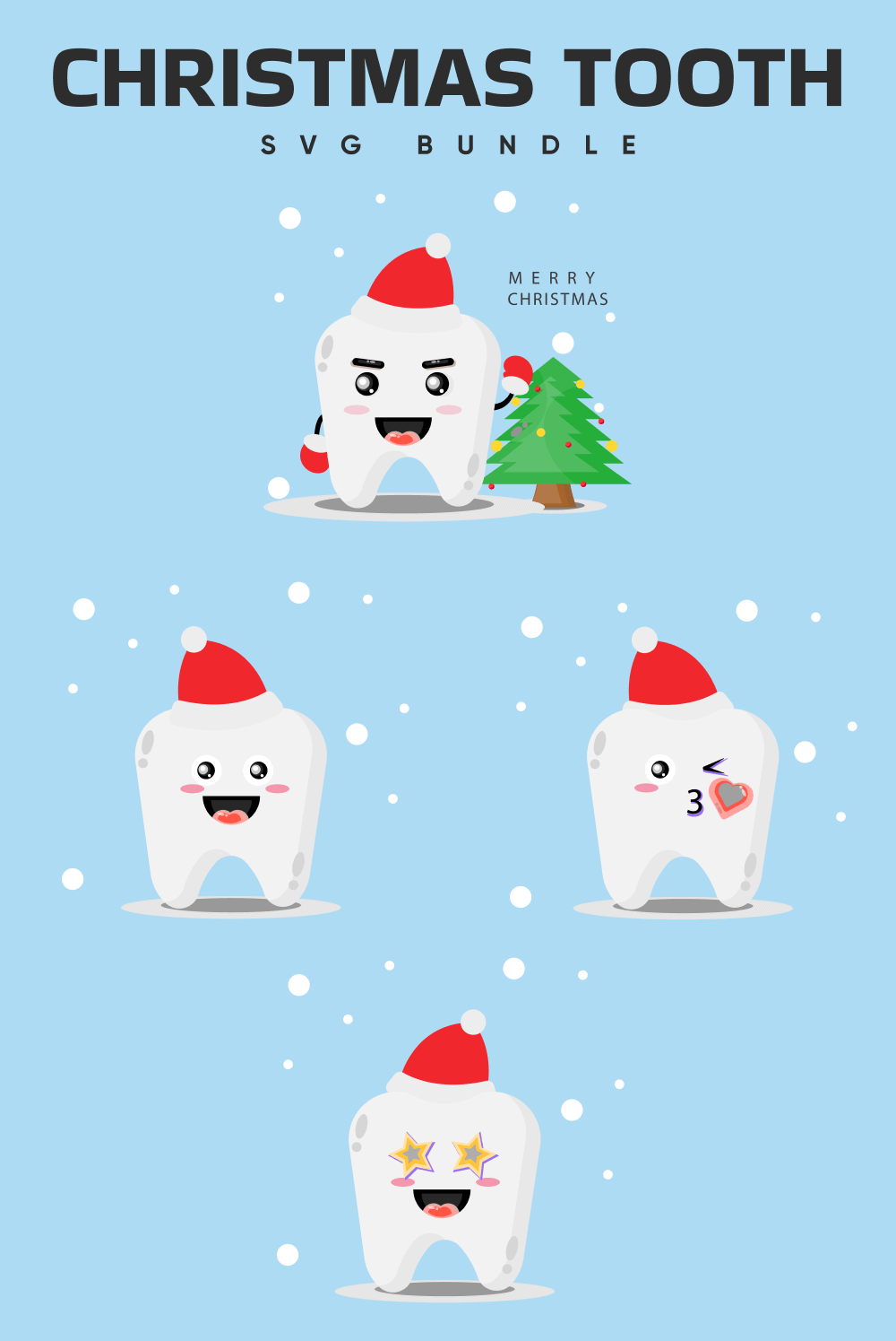 Four Christmas teeth on a blue background with snow.