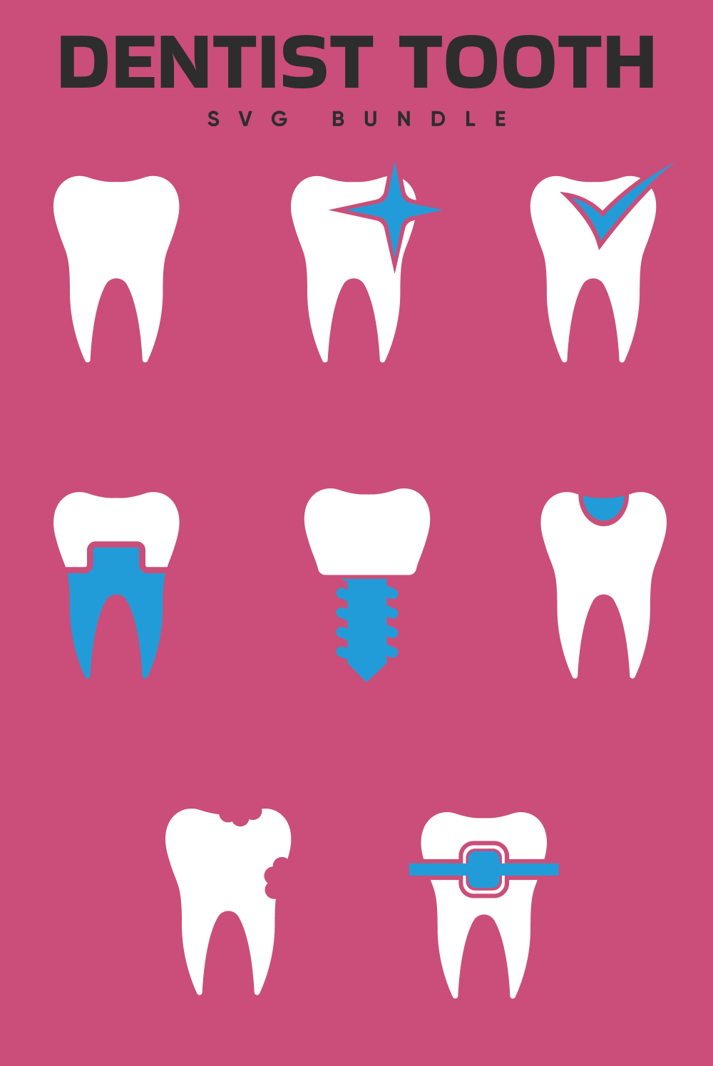 Eight dental teeth with caption on pink background.