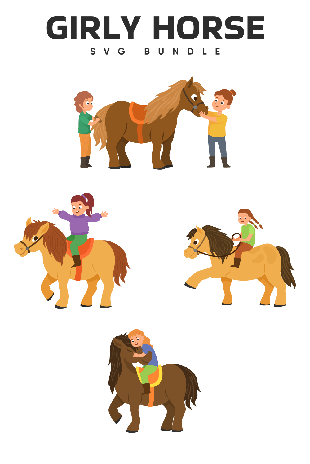 Group of people riding horses on a white background.