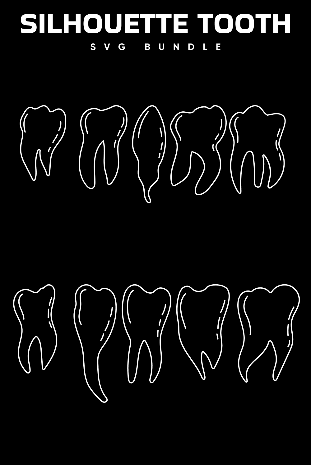 Pinterest picture with ten white teeth silhouettes with product title on black background.