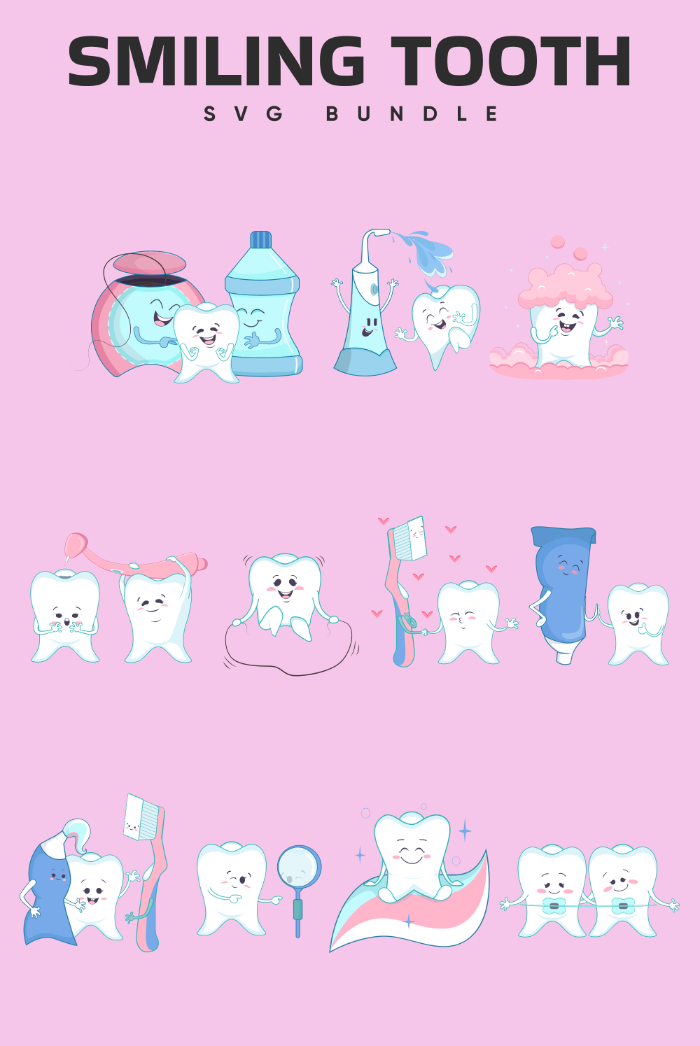 Three rows with smiling teeth with toothpaste and toothbrushes on a pink background with a caption.