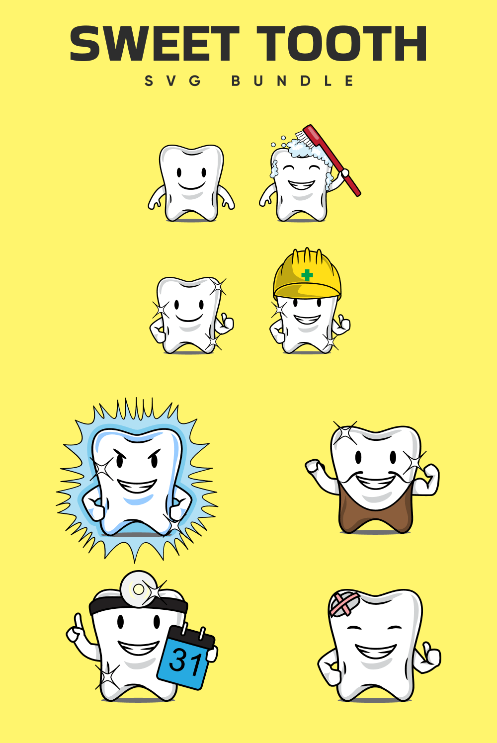 "Sweet Tooth" headline with eight teeth drawings on a yellow background.