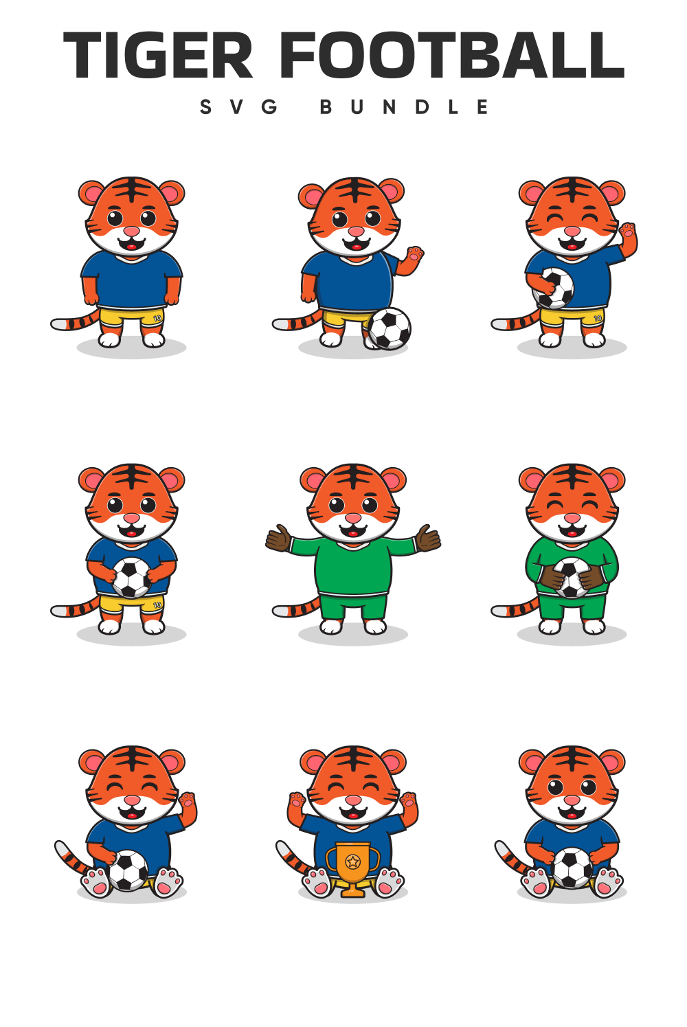 Cartoon tiger is playing with a soccer ball.