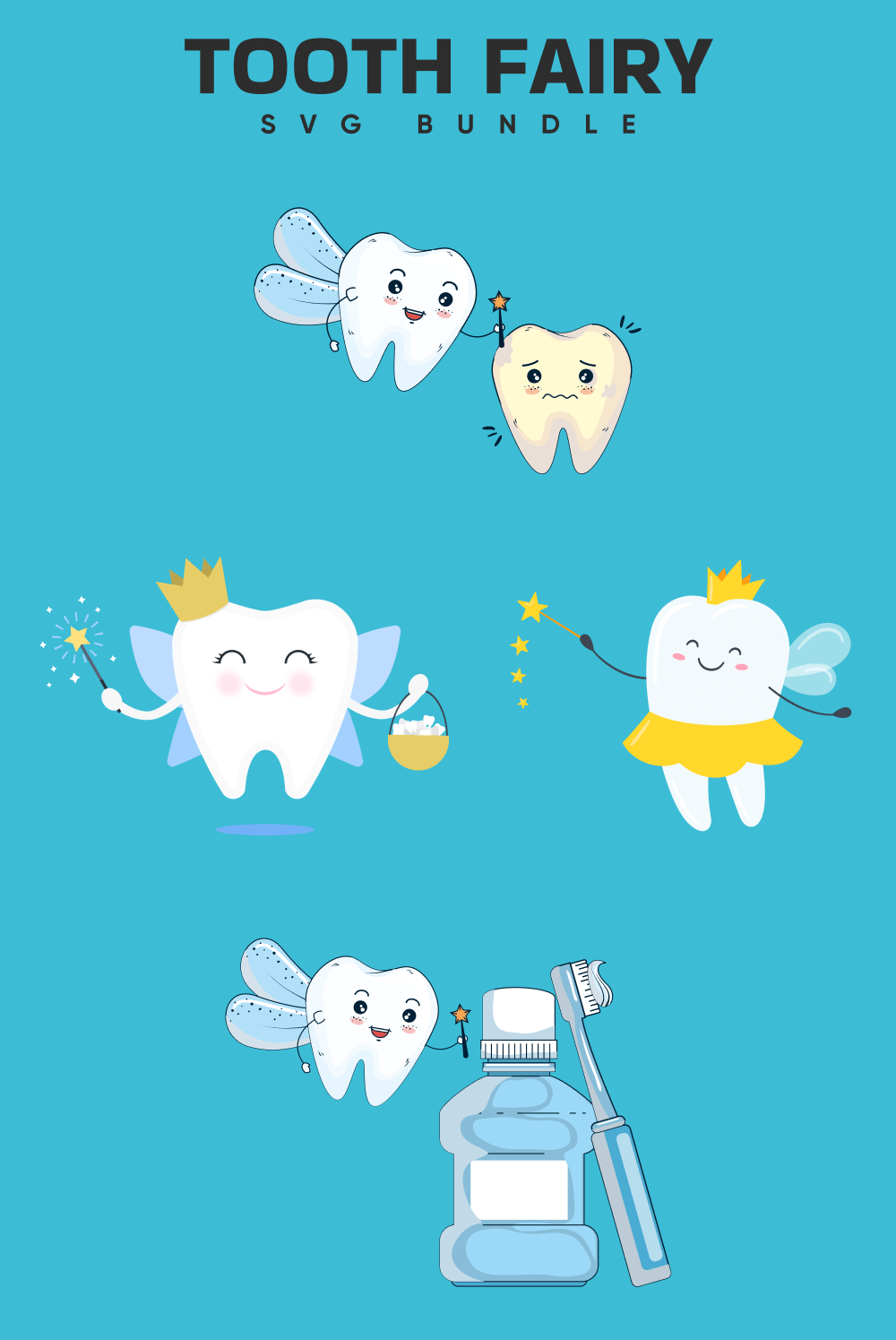 Five tooth fairies in the form of teeth.