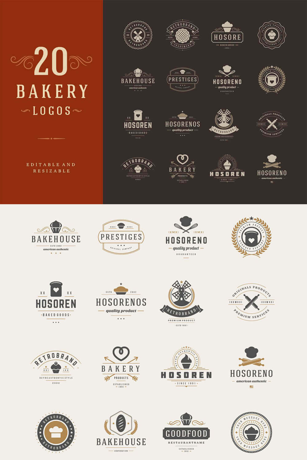 Sixteen gray vintage logos with bakery emblems on black and white backgrounds.