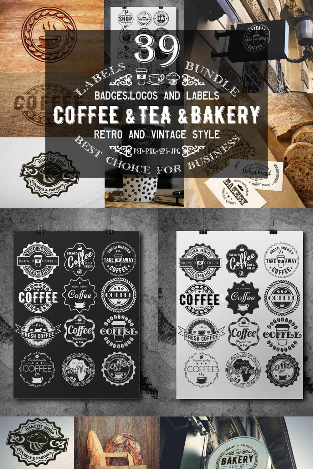 Set of 39 coffee cups with bakery logos on grey, black and white backgrounds for pinterest.