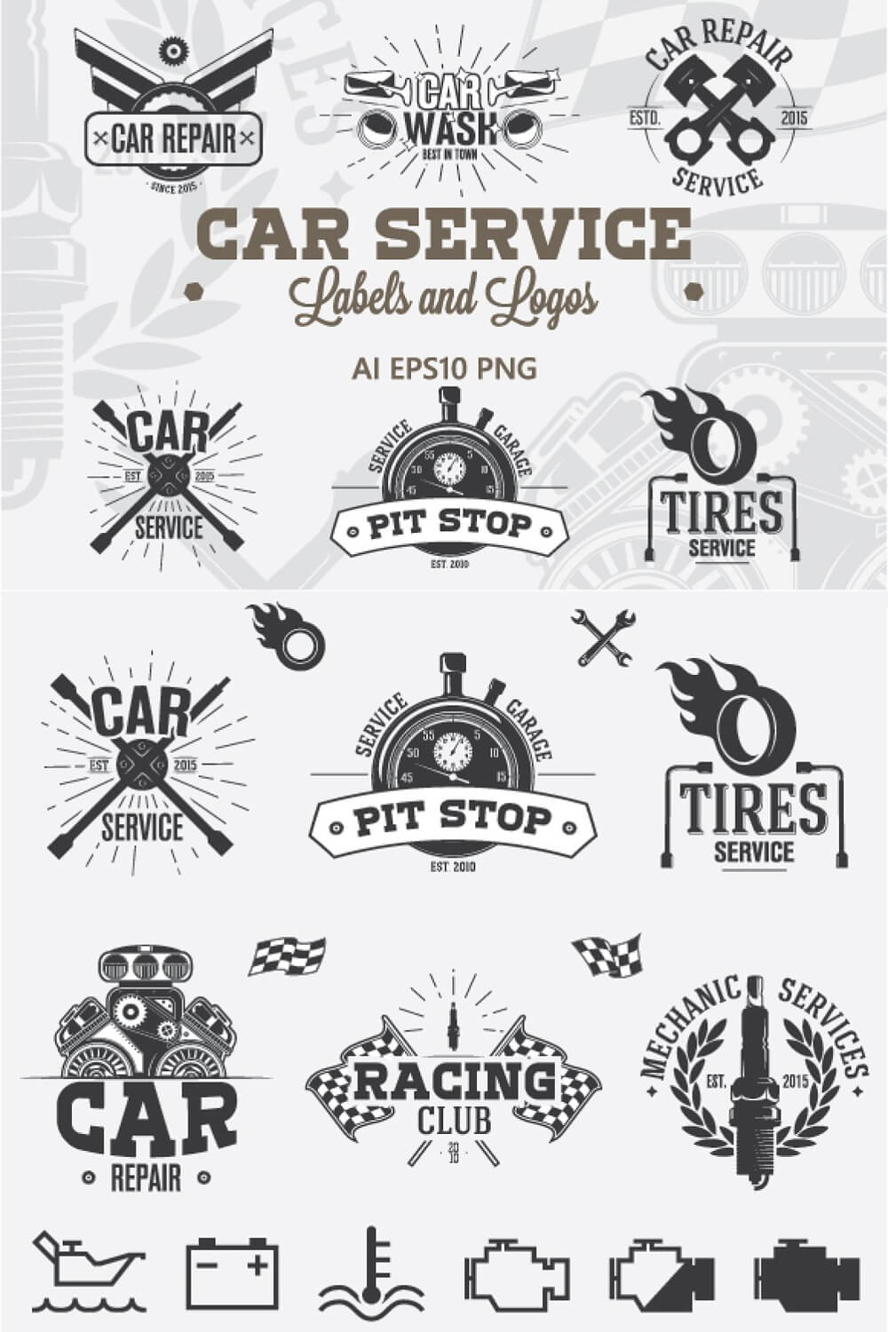 Twelve labels and logos of a car service on a gray-white background.