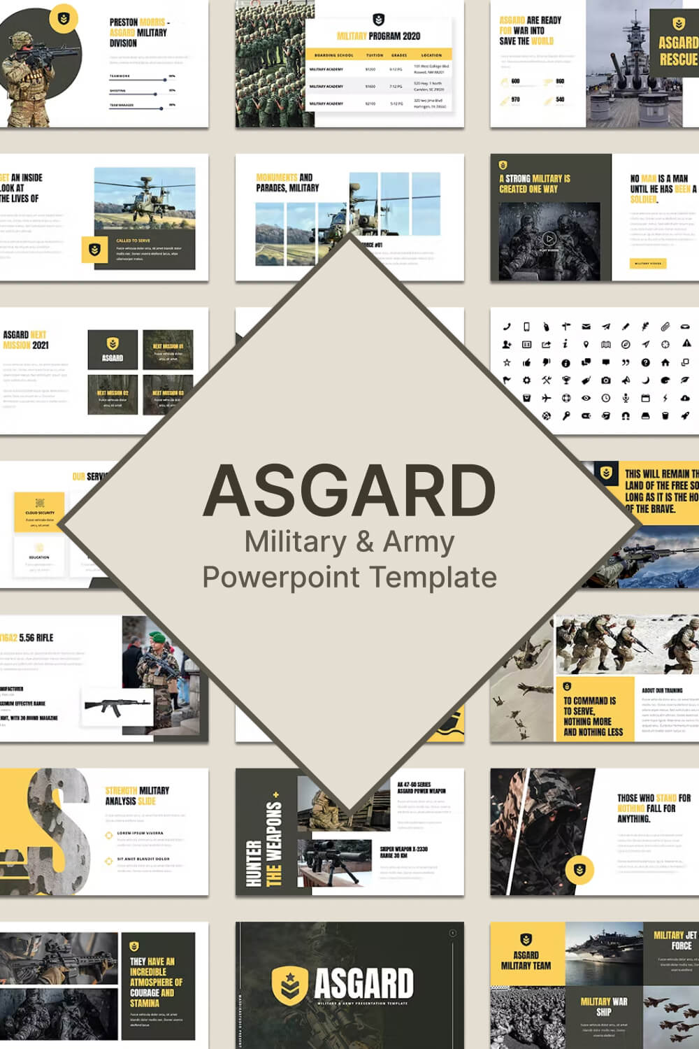 Lots of Asgard army powerpoint templates and a big "Asgard, Military & Army Powerpoint Template" diamond shaped logo.
