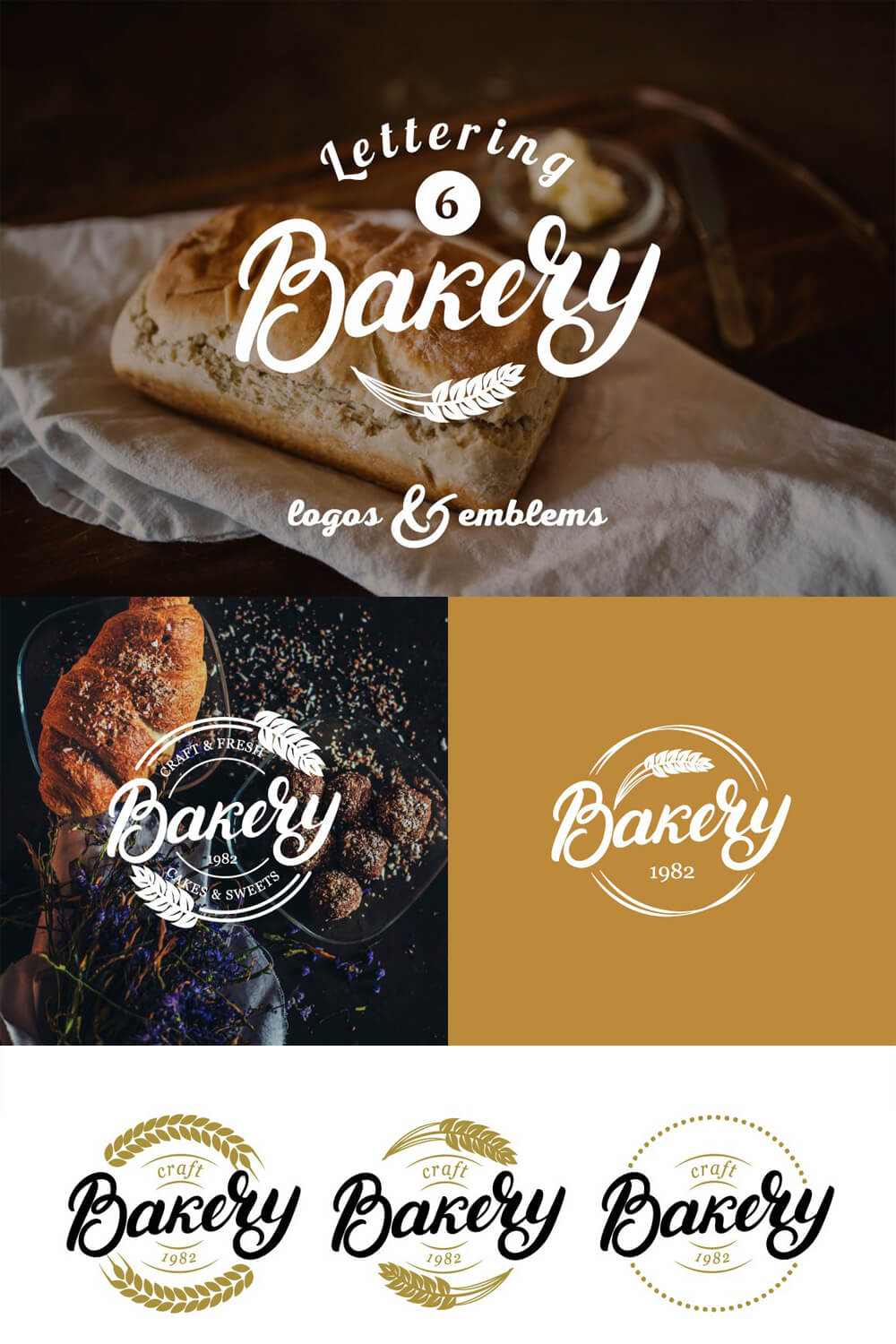 Several variants of the "Bakery" logos on backgrounds depicting pastries.