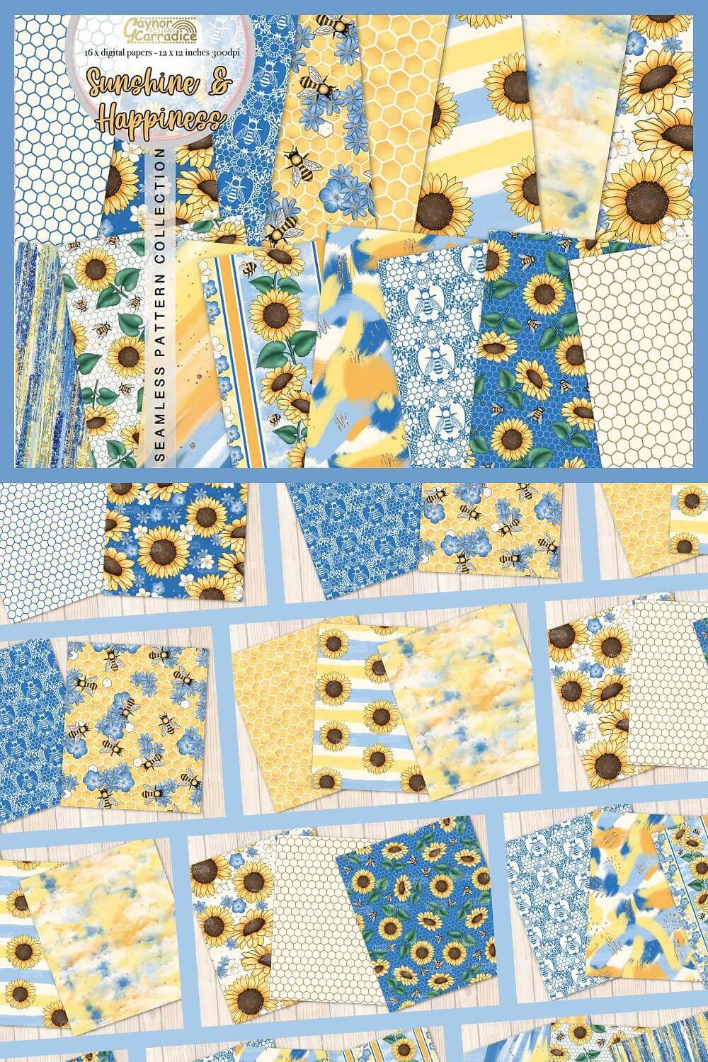 Prints with blue, yellow, orange and white colors.