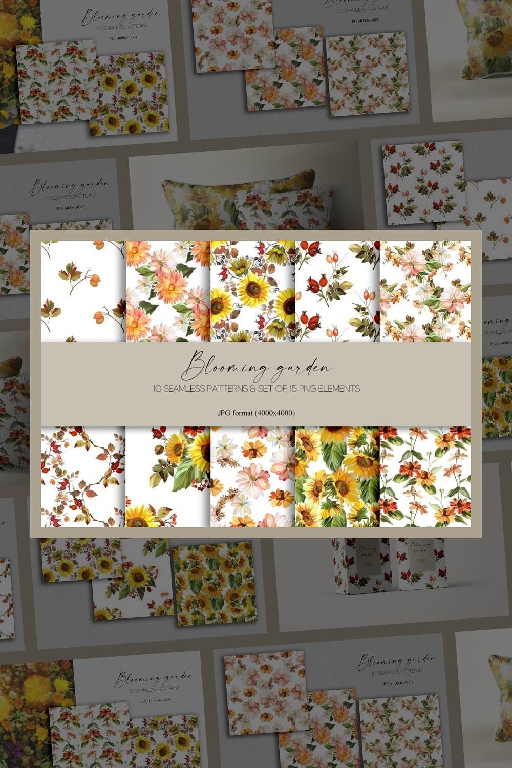 Blooming garden 10 Seamless Patterns & Set of 15 PNG Elements.