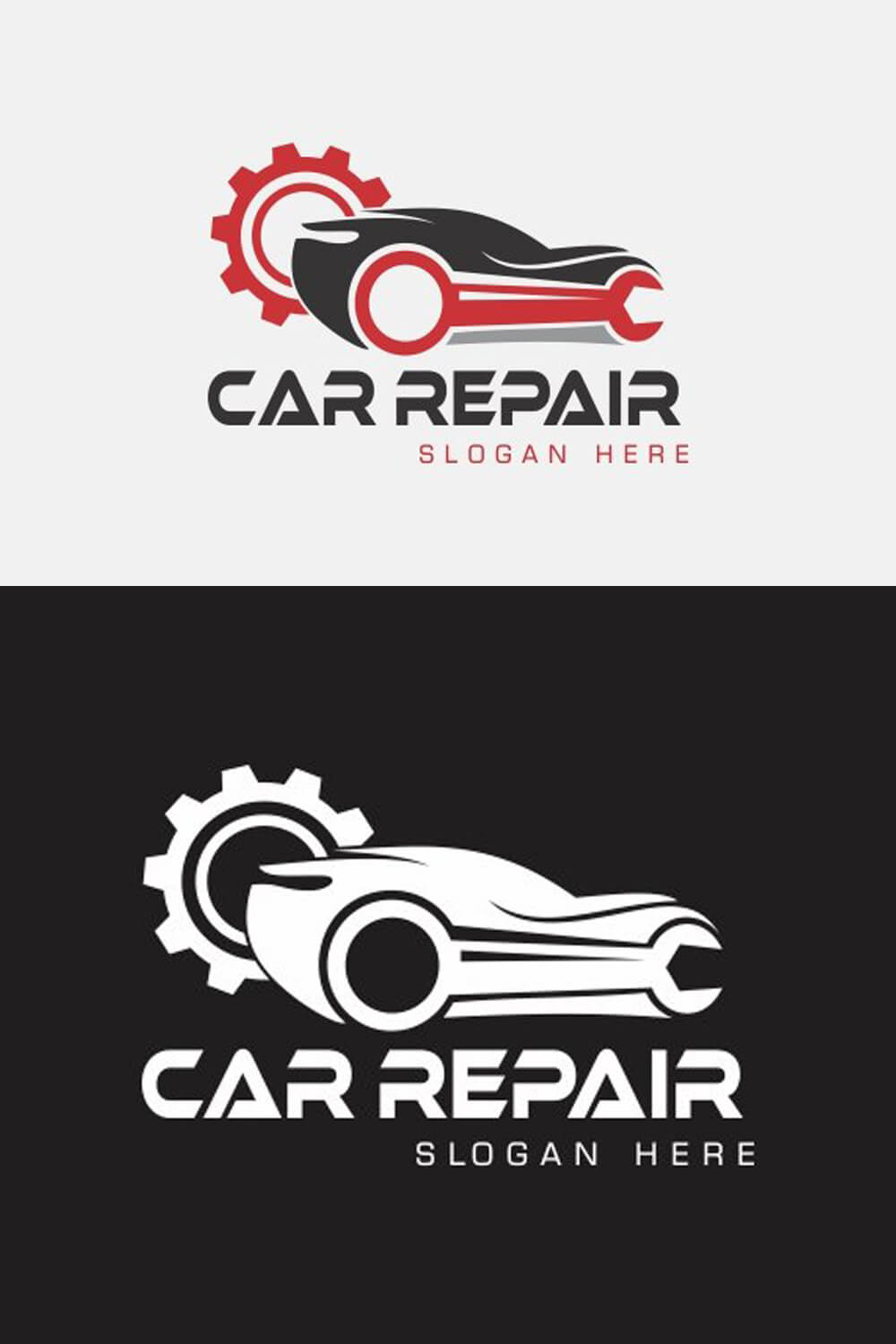 Car service station logo on a white background in black and red colors, and below the black and white logo.