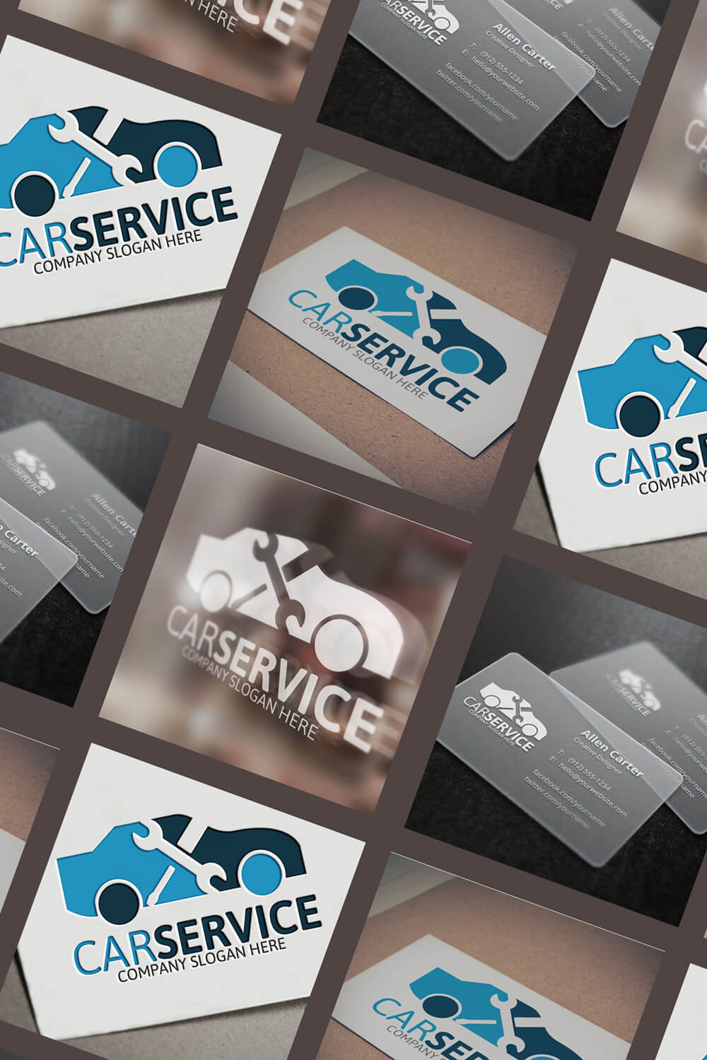 Blue and blue on white car service logo in square pictures in a checkerboard pattern.