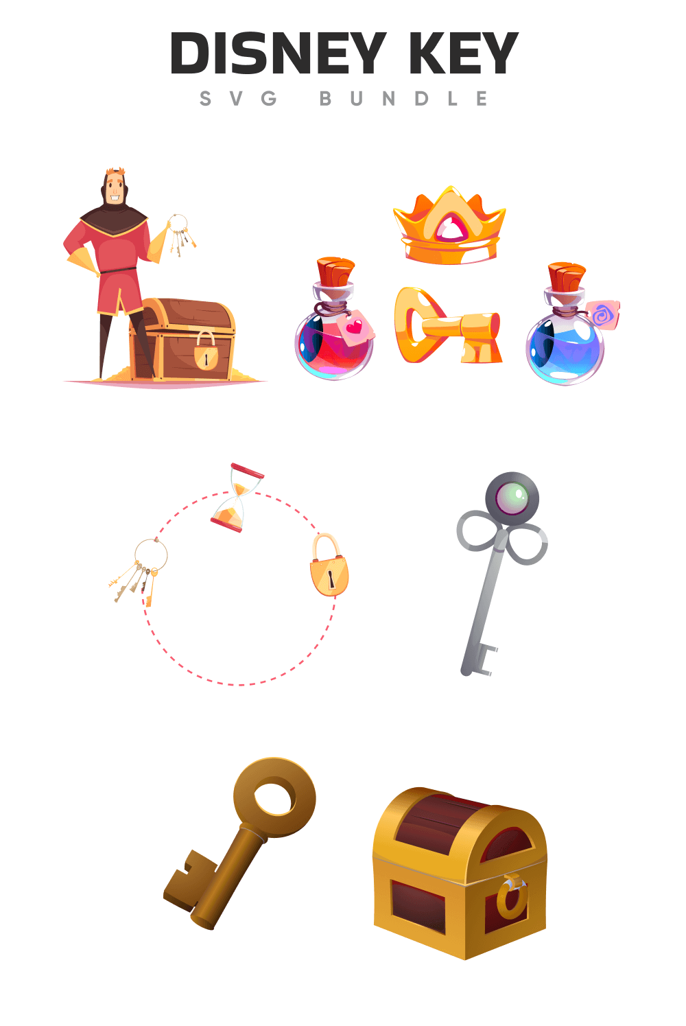 Drawings for Pinterest with Disney keys, prince character with keys near the chest, vessels with pink and blue vessel, golden key, golden crown.