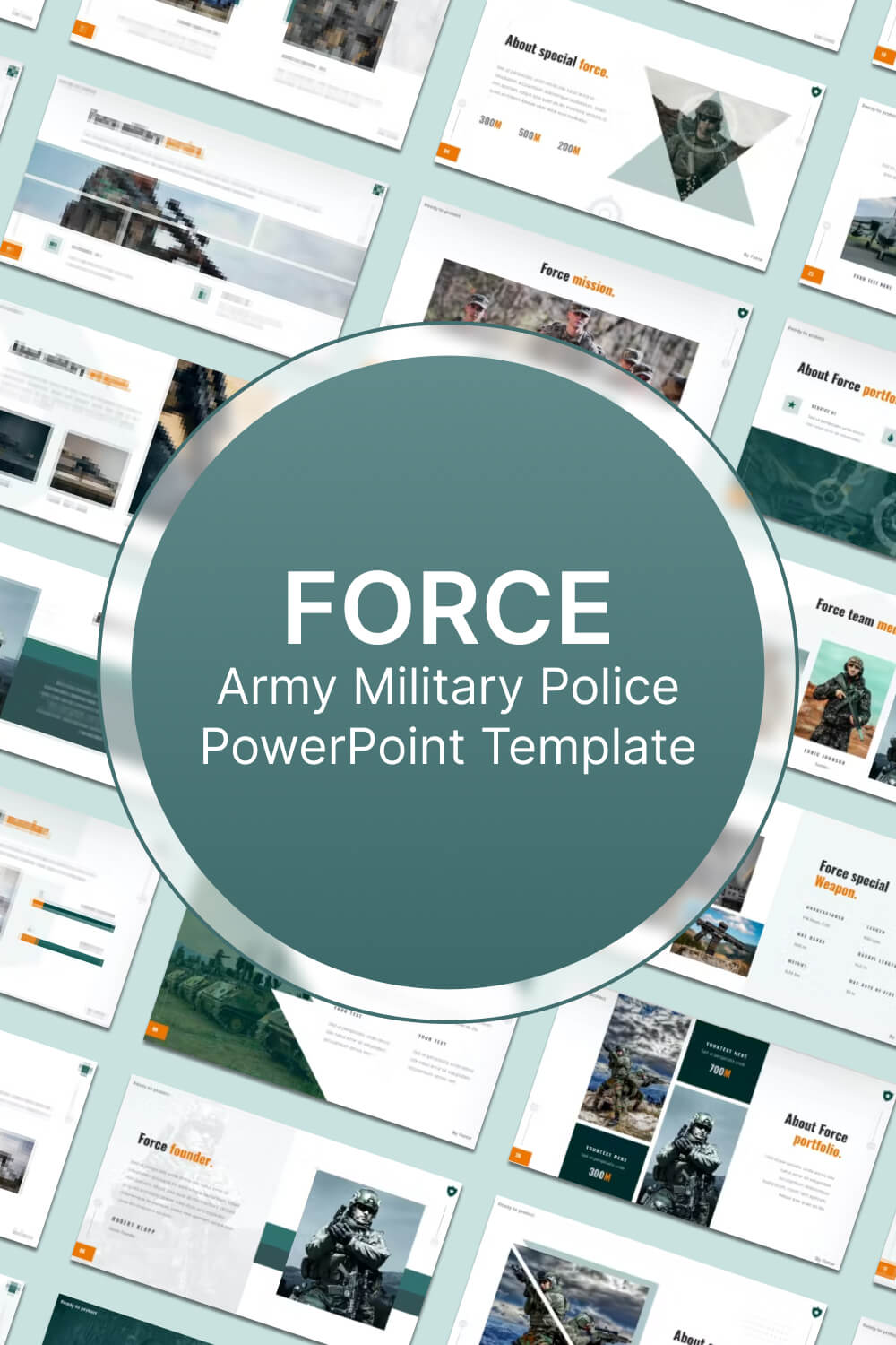 Lots of military police powerpoint template slides, round green army logo in the center.