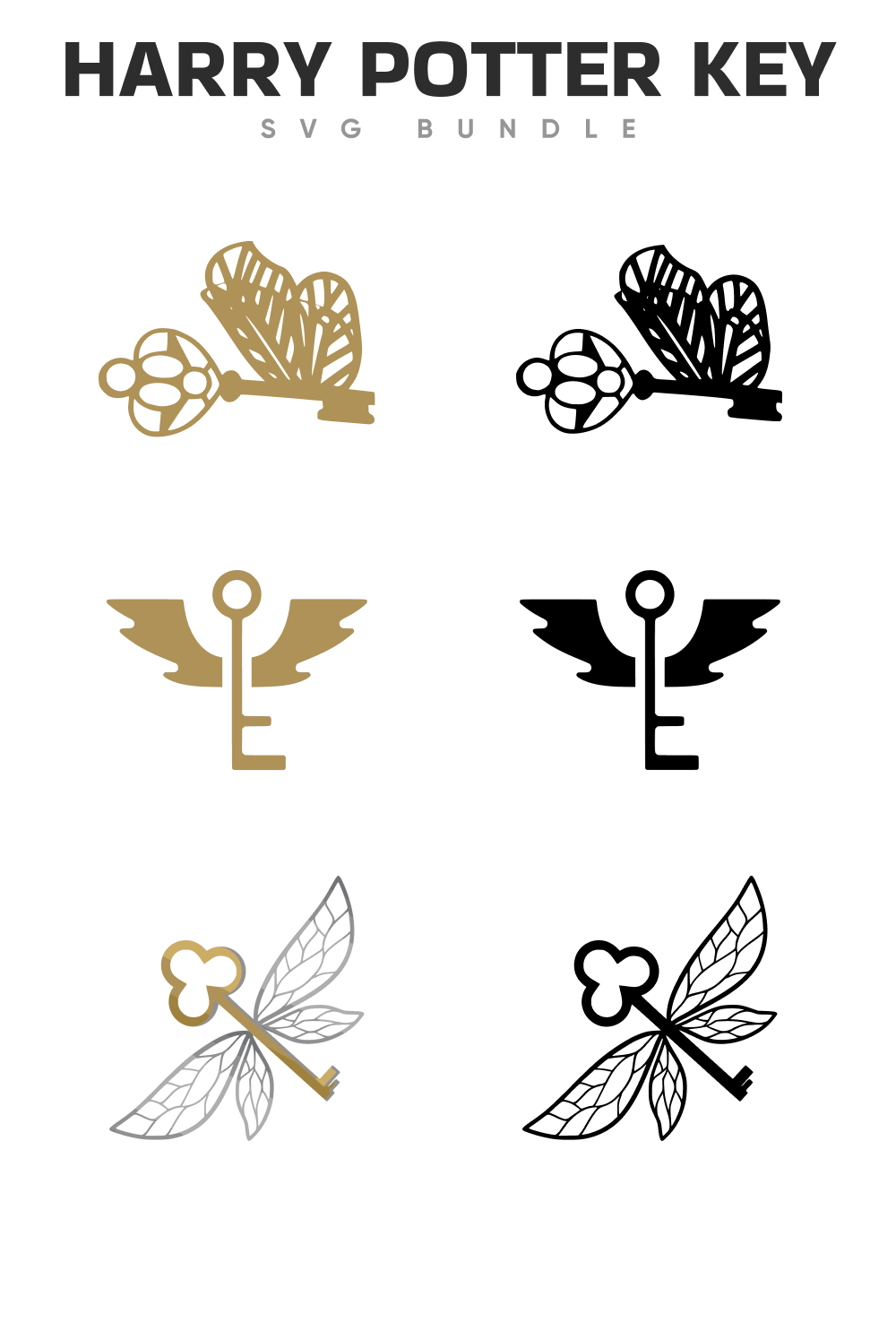 Six gold and black Harry Potter-themed keys on a white background with a caption.